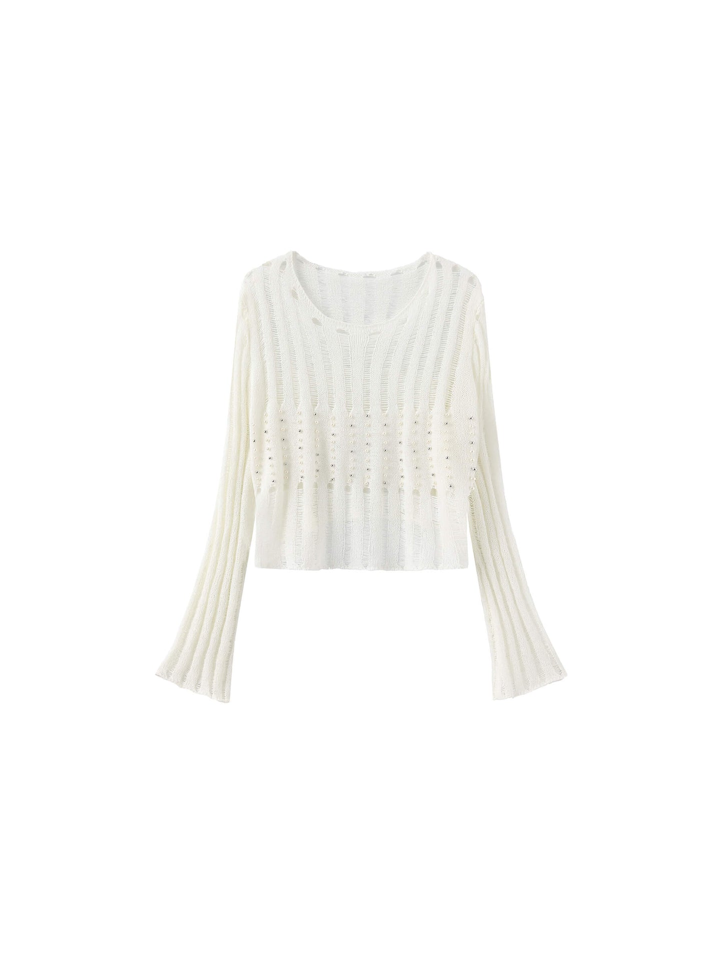 Beaded Hollow-Out Knit Top with Flare Sleeves