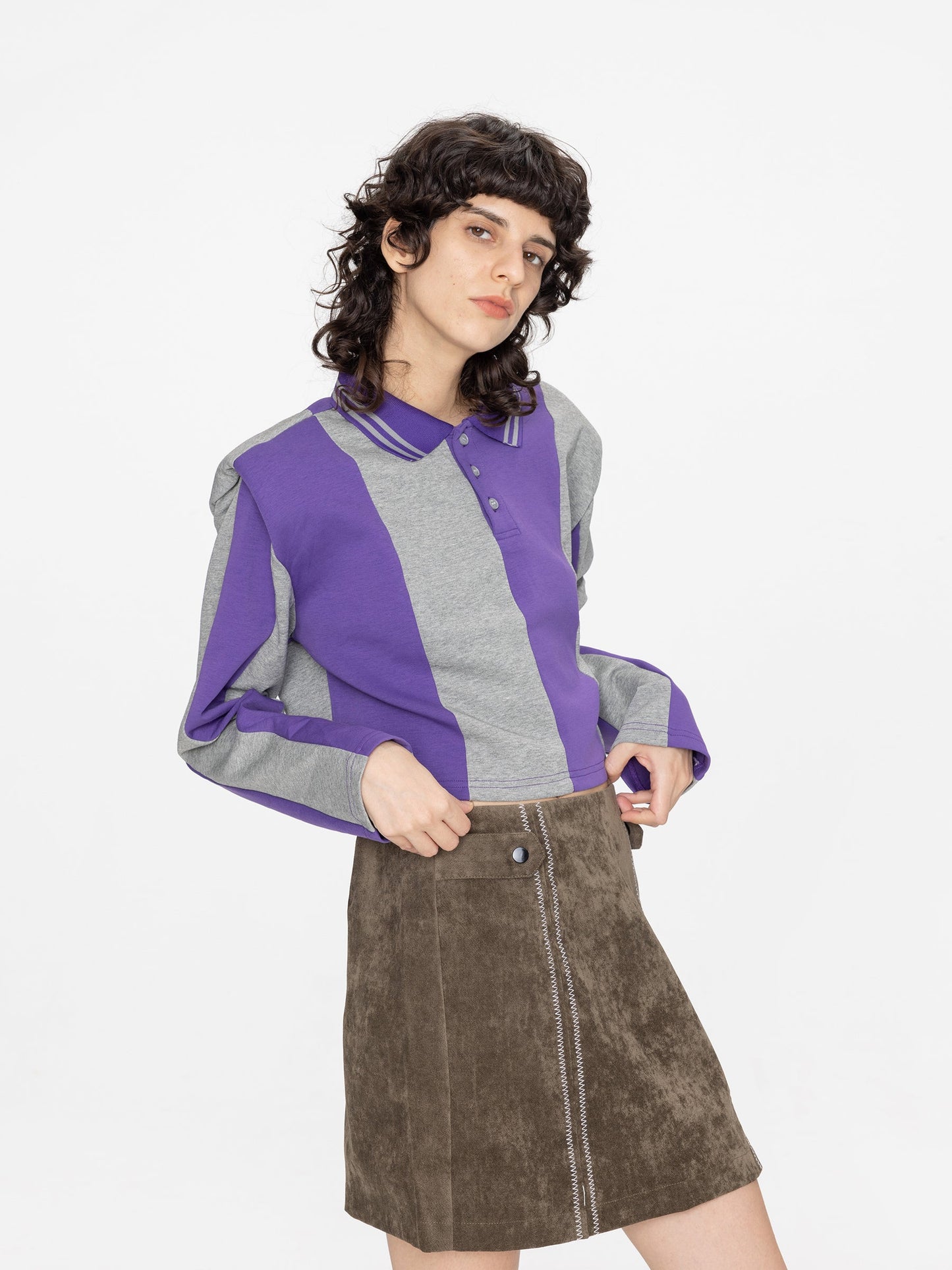 Striped Polo Top with Oversized Shoulders