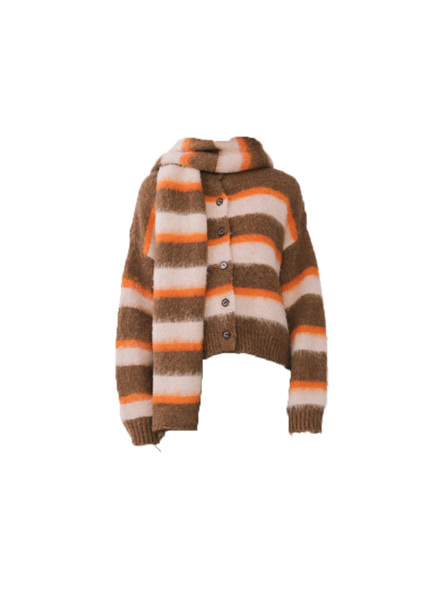 Striped Color Block Wool Knit Cardigan With Scarf