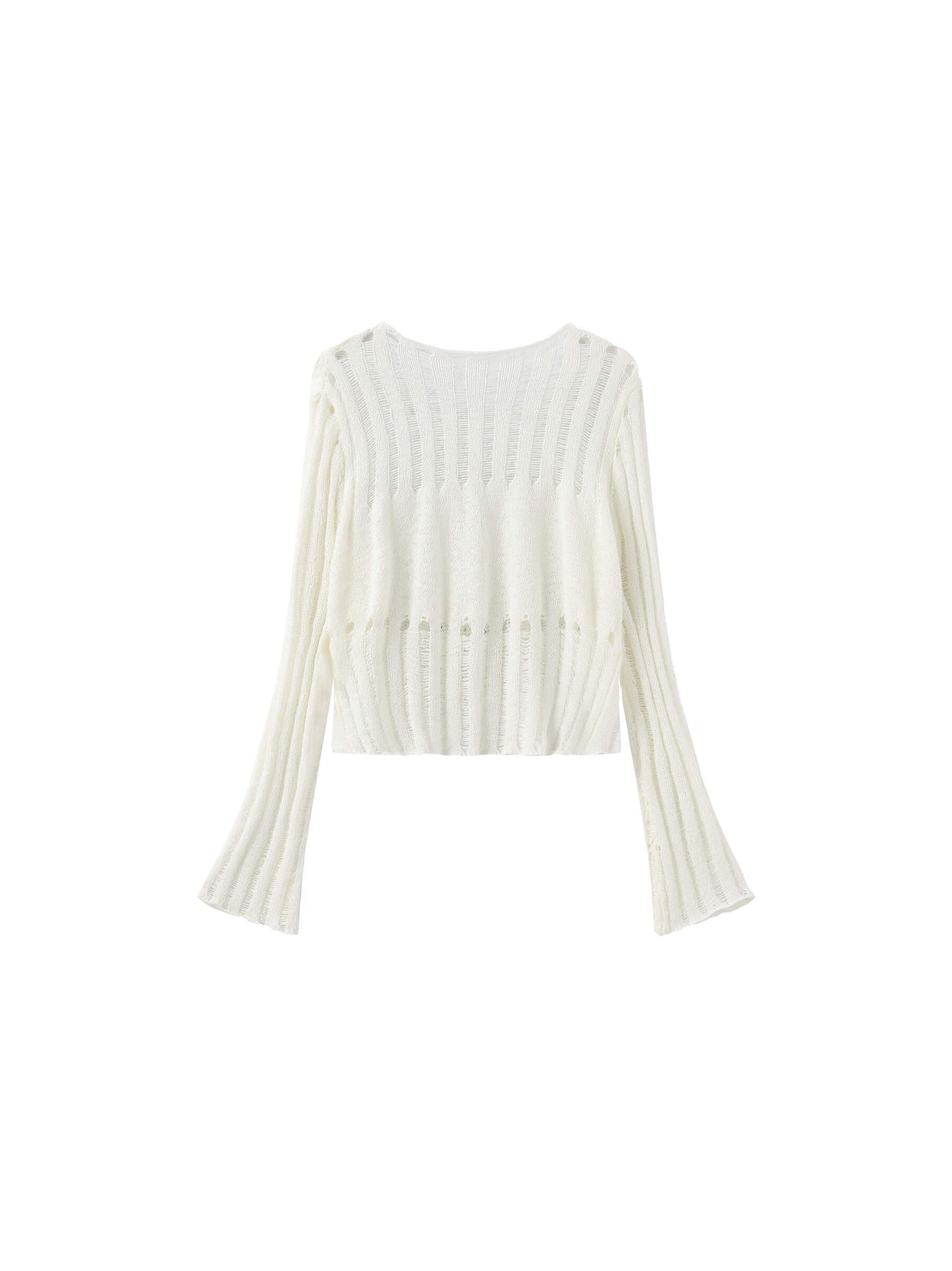 Beaded Hollow-Out Knit Top with Flare Sleeves