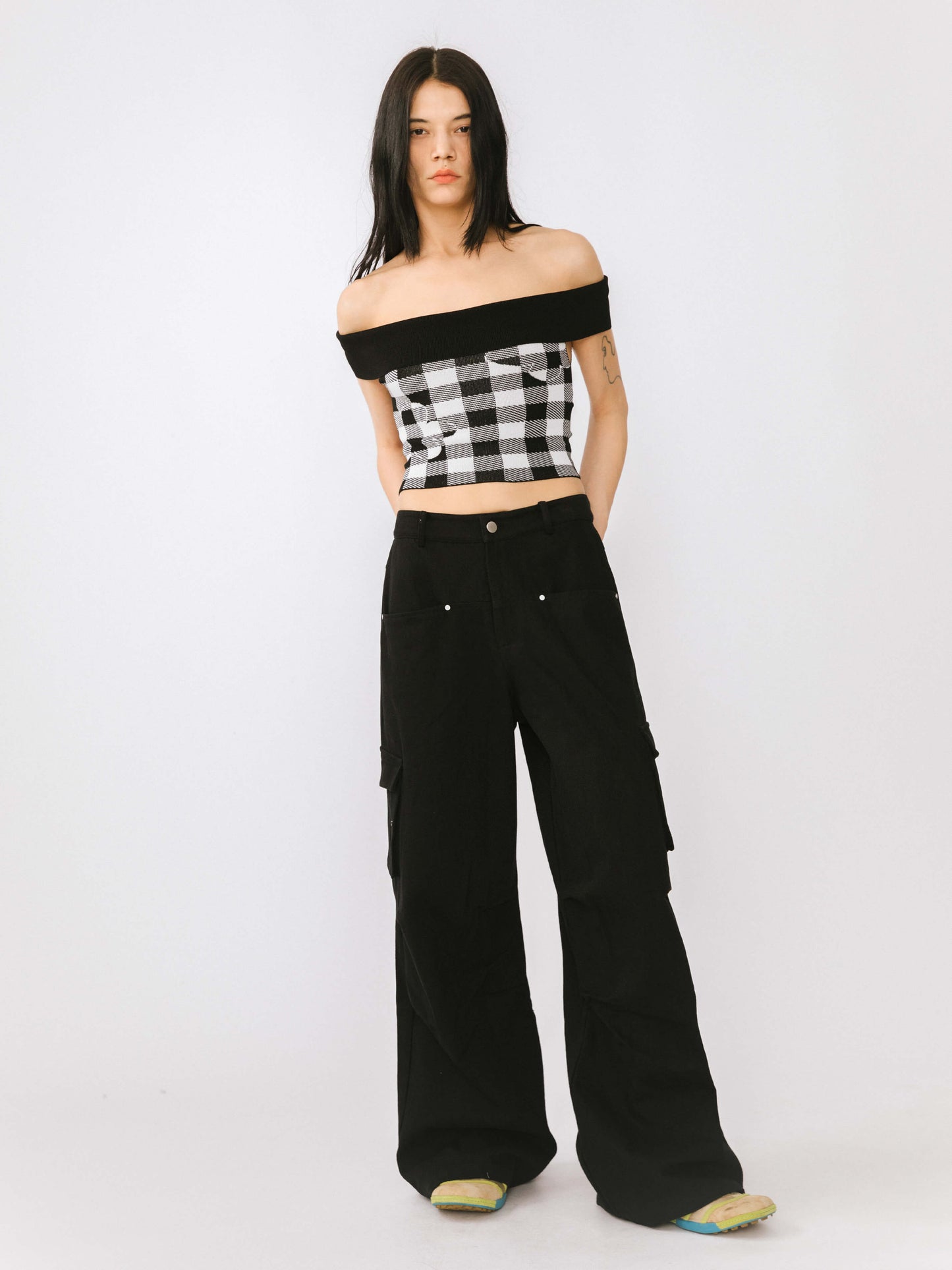 Off-Shoulder Checkered Knit Cami Top