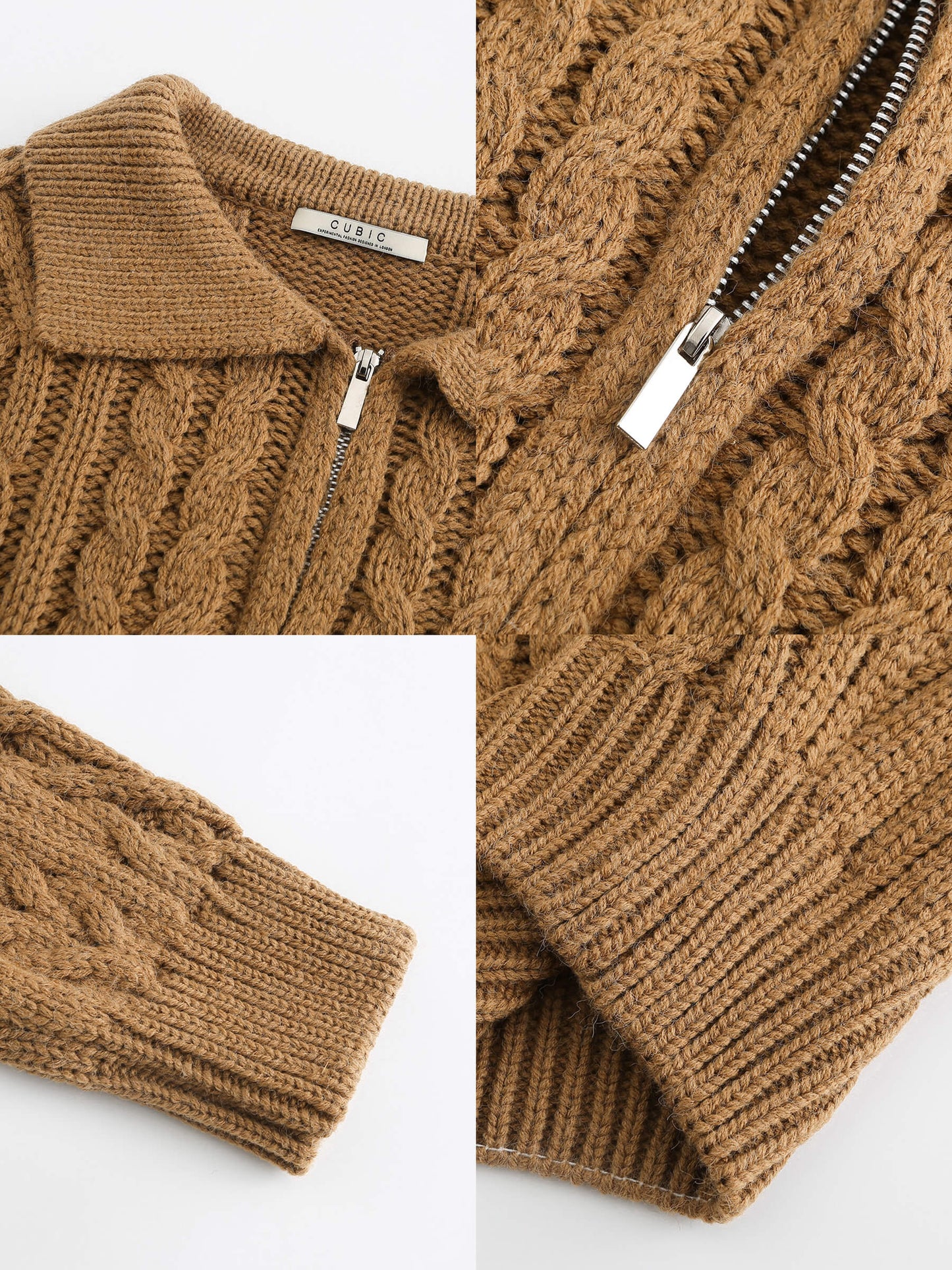 Lozenge and Cable Knit Zip Up Cardigan