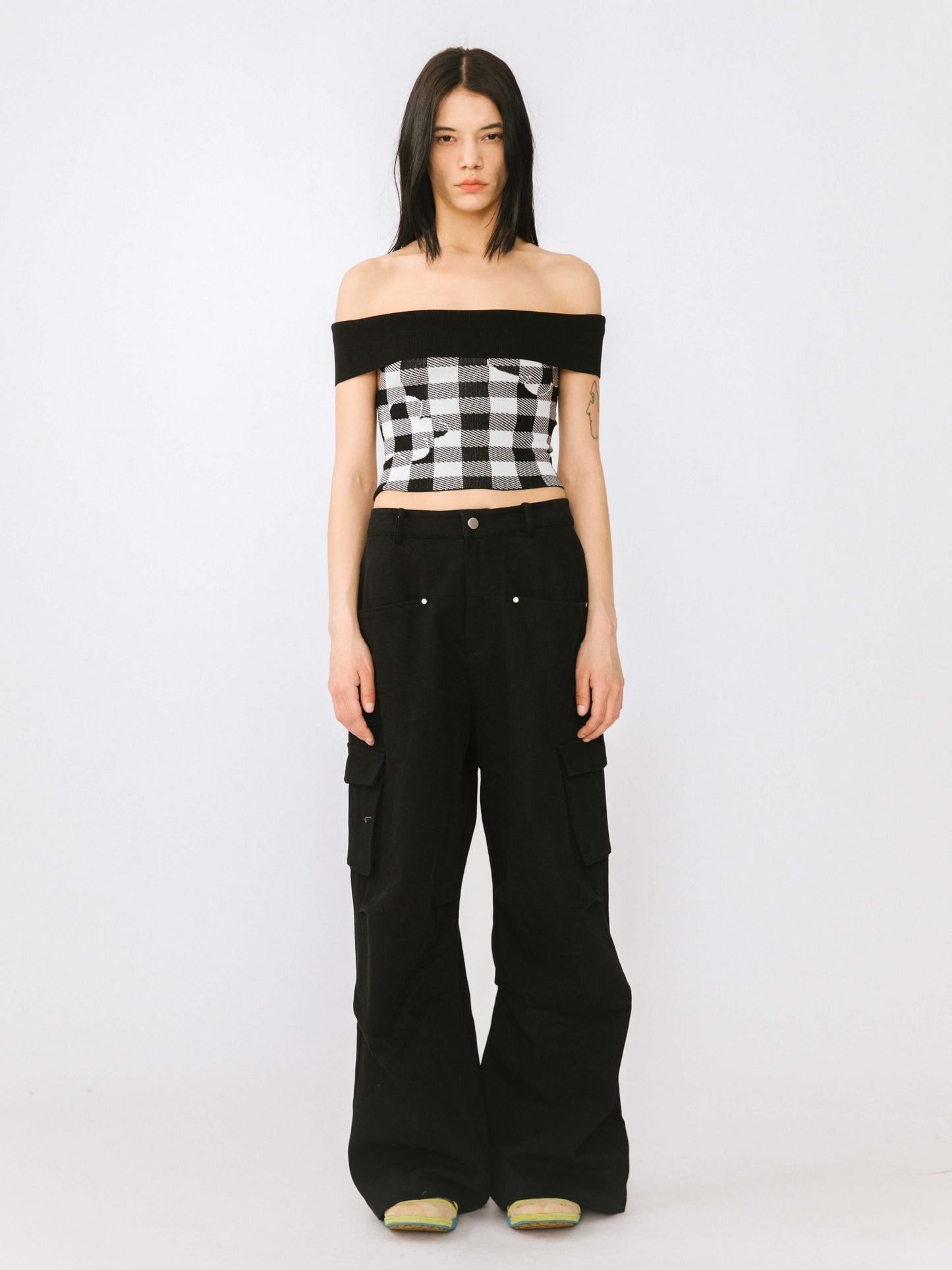 Off-Shoulder Checkered Knit Cami Top