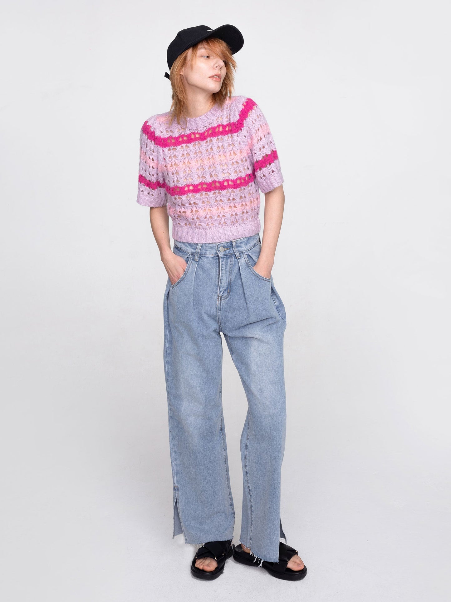 CUBIC Women's Striped Cropped Knit T-shirt