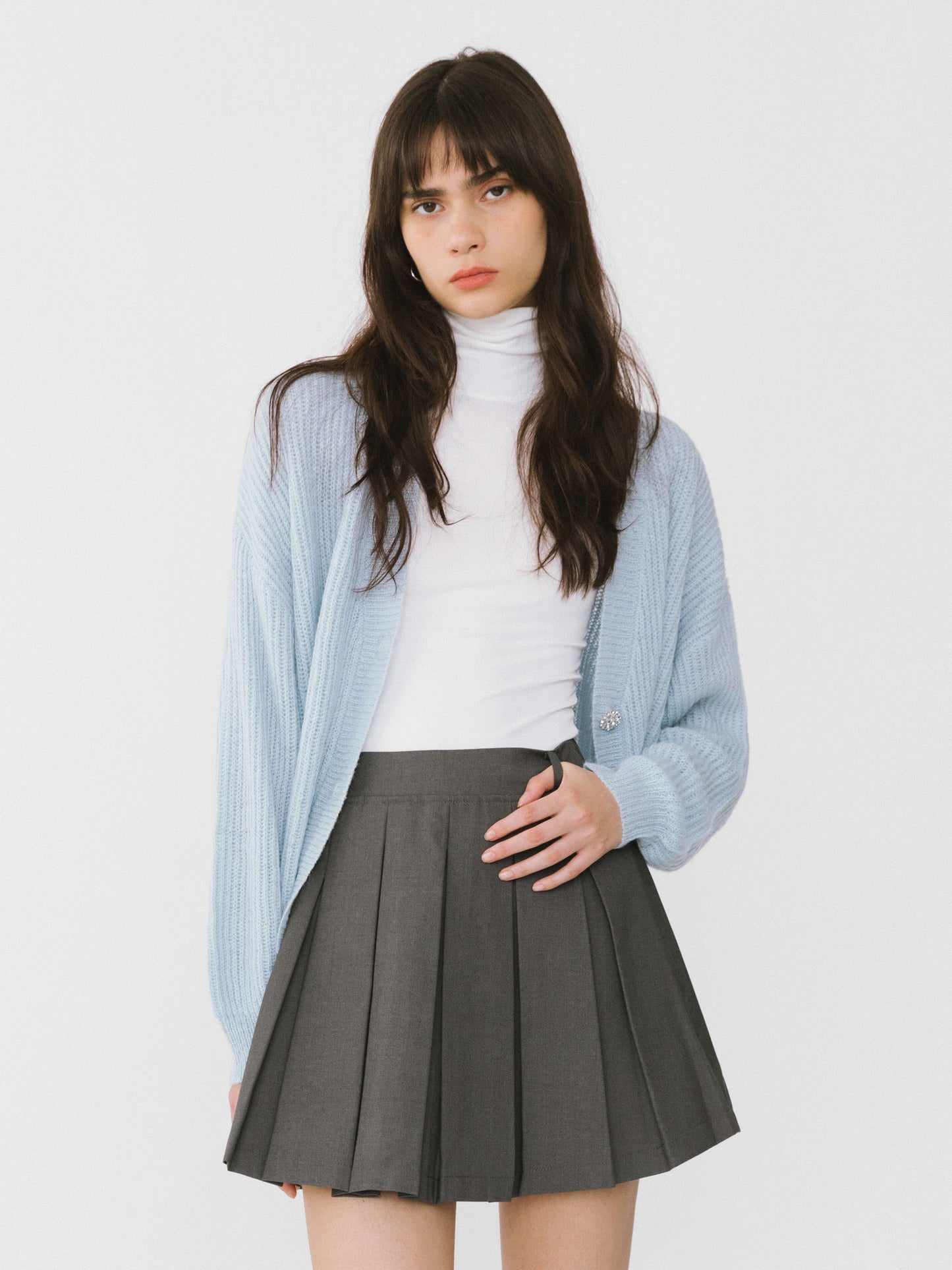 Casual V-Neck Ribbed Knit Cardigan with Wool Blend