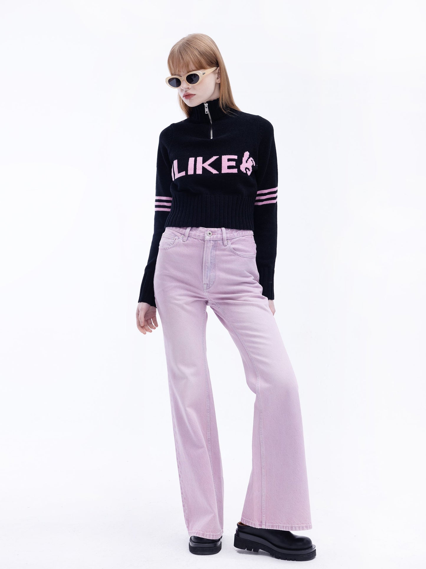 High Neck Zip Up Crop Knit Top