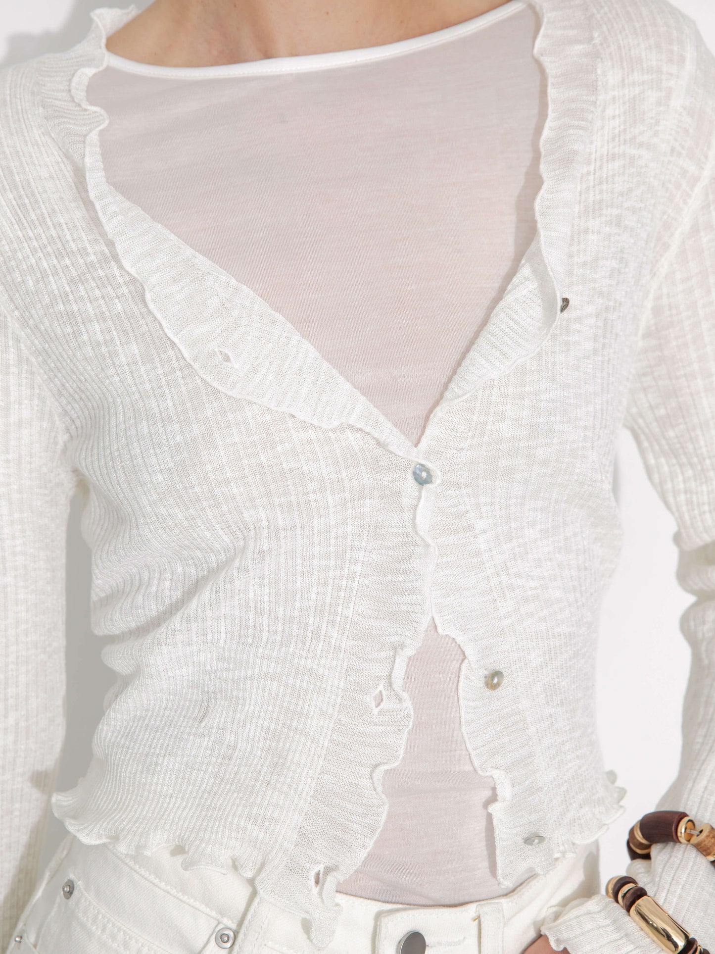 V-Neck Knit Cardigan with Ruffled Long Sleeves