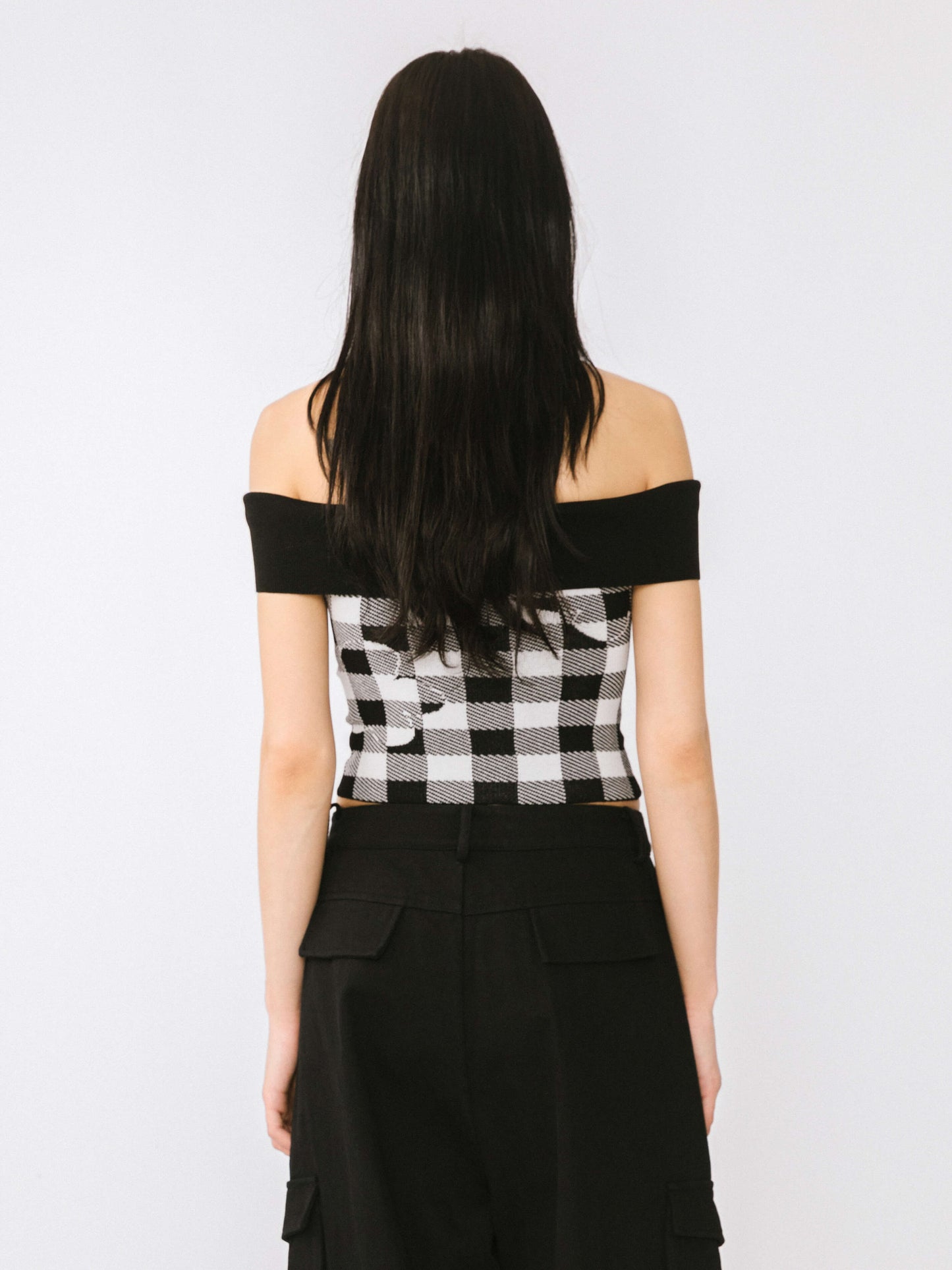 Off-Shoulder Checkered Knit Cami Top