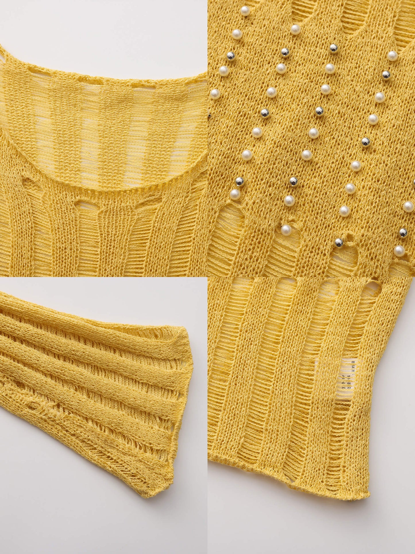 Beaded Hollow-Out Knit Top with Flare Sleeves