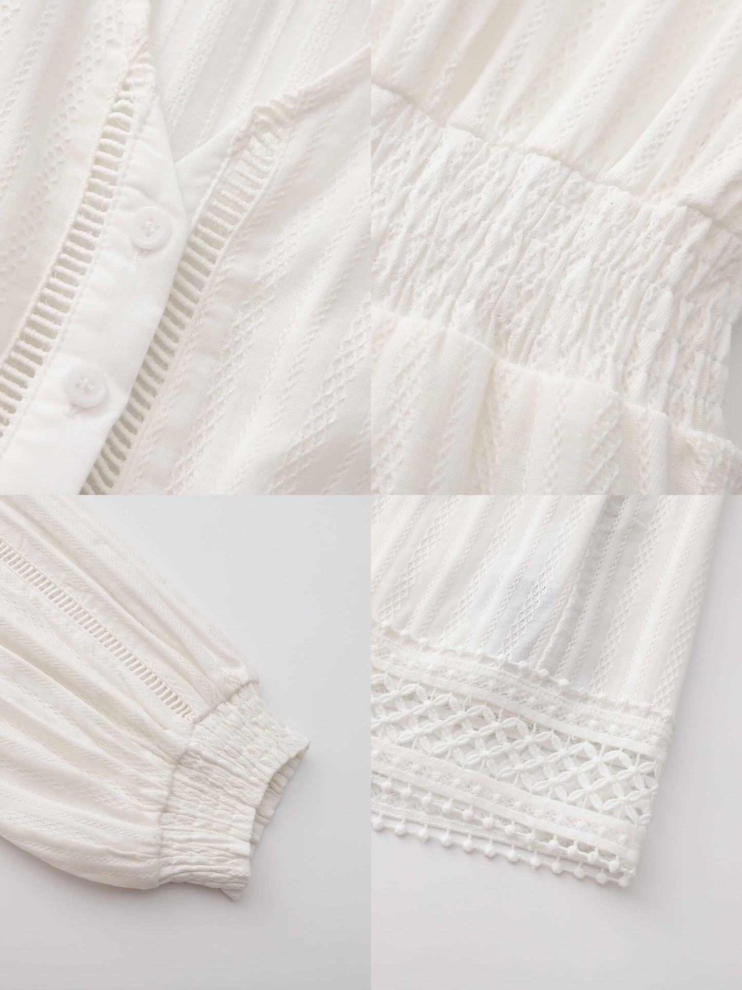 100% Cotton Lace Hollow V-Neck Waist-Cinched Maxi Dress
