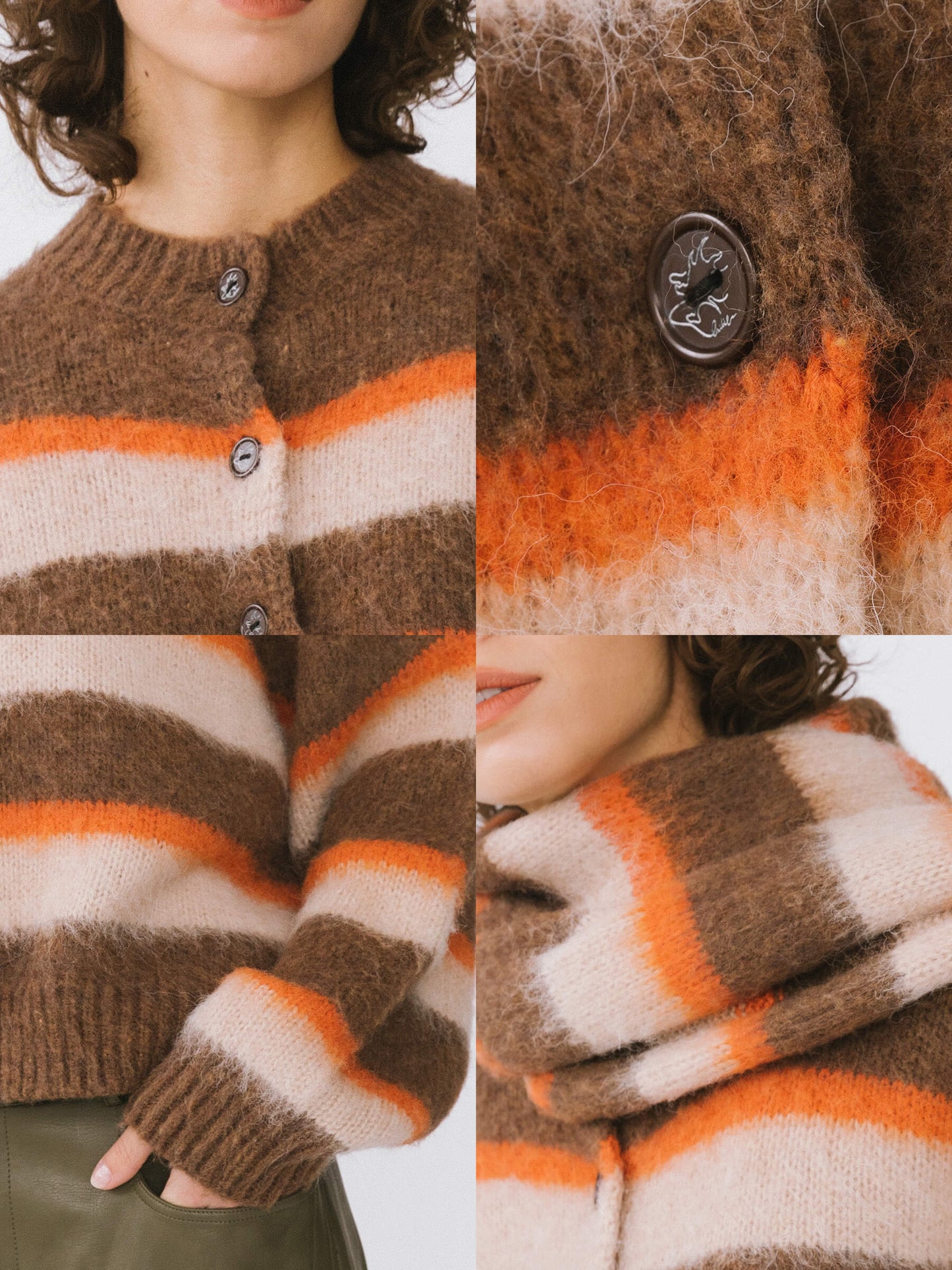 Striped Color Block Wool Knit Cardigan With Scarf