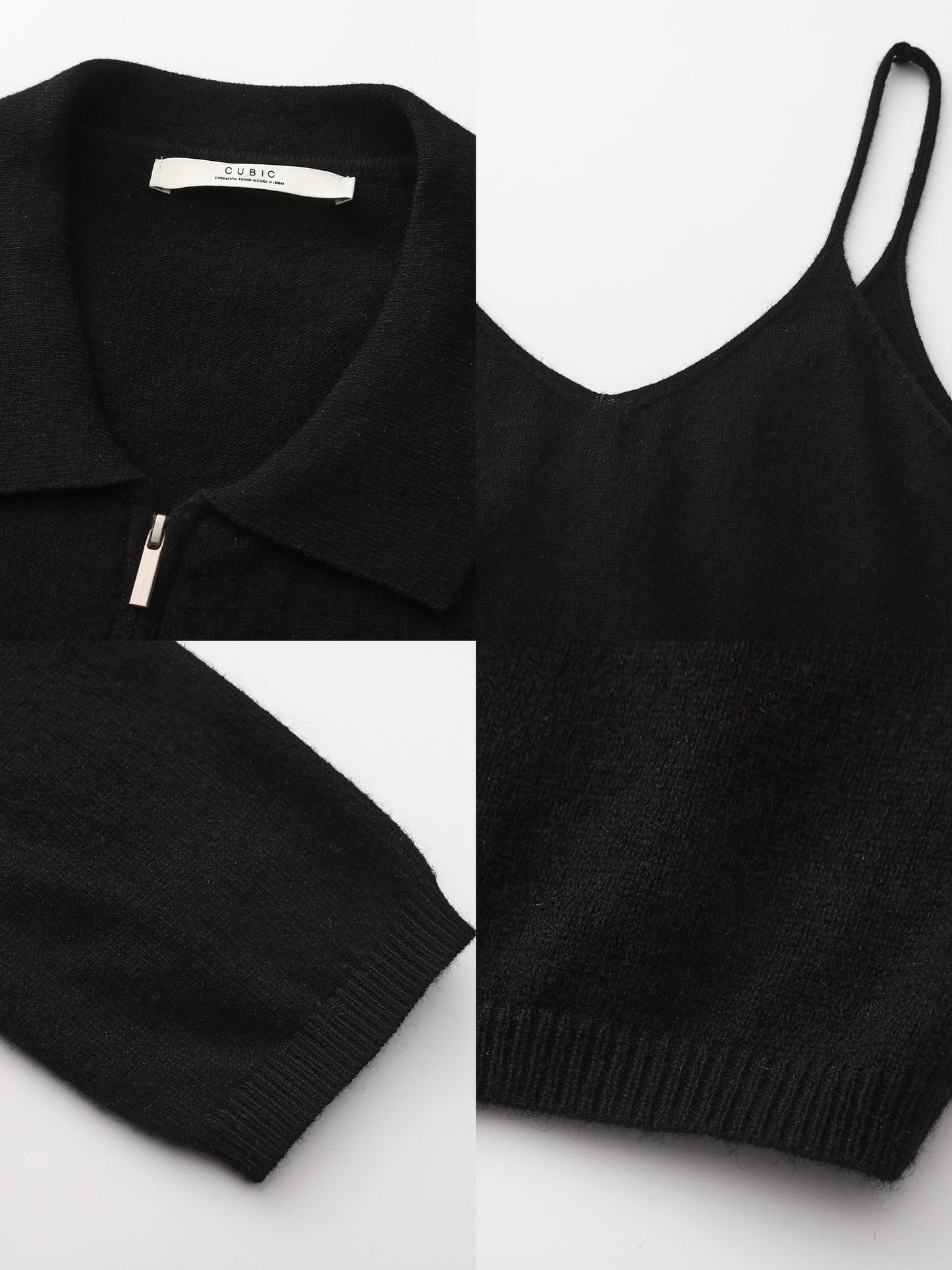 Zip-Up Collared Cropped Knit Cardigan & Vest Set
