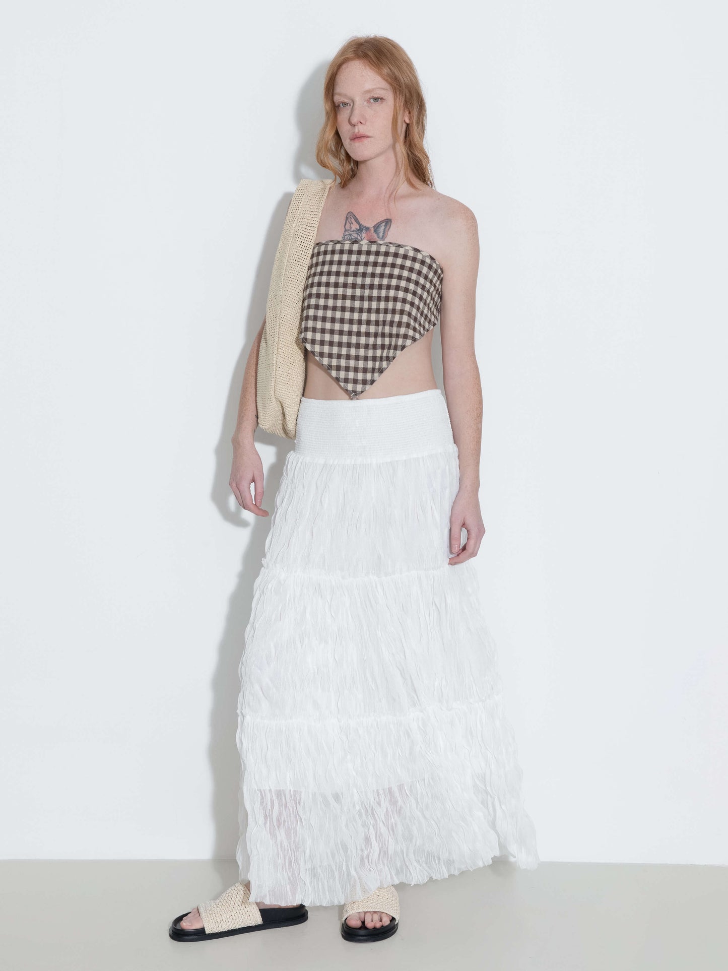 White Wavy Draped Midi Skirt