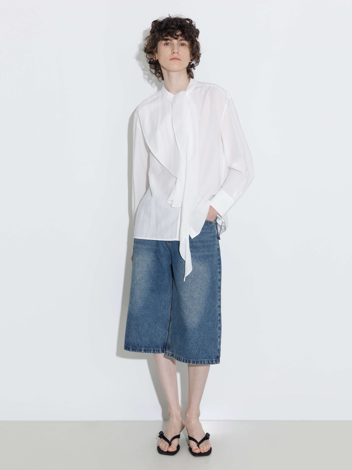 Ruffle Neck Tie Long Sleeve Shirt