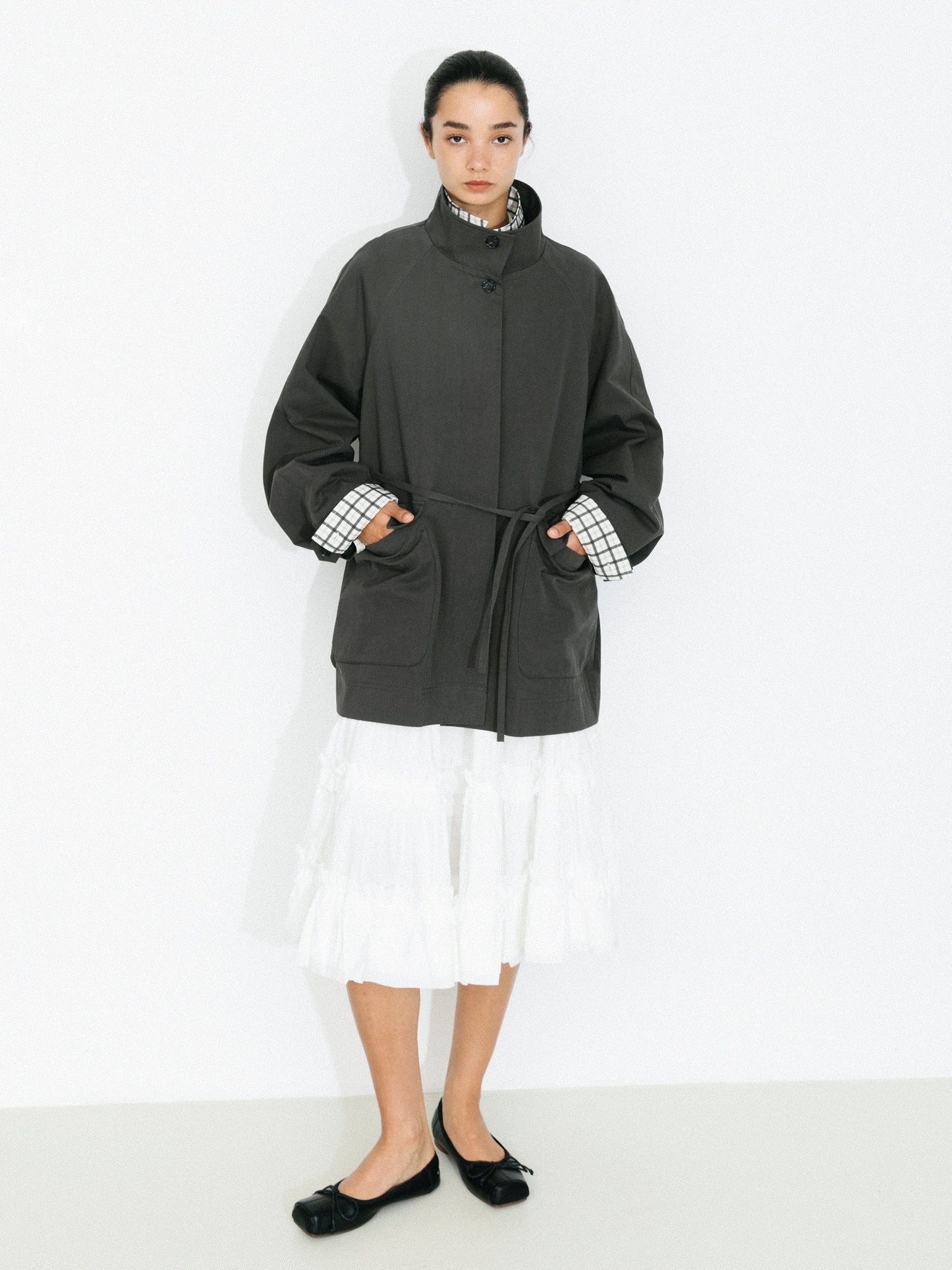 100% Cotton Stand Collar Mid-Length Tie-Waist Trench Coat
