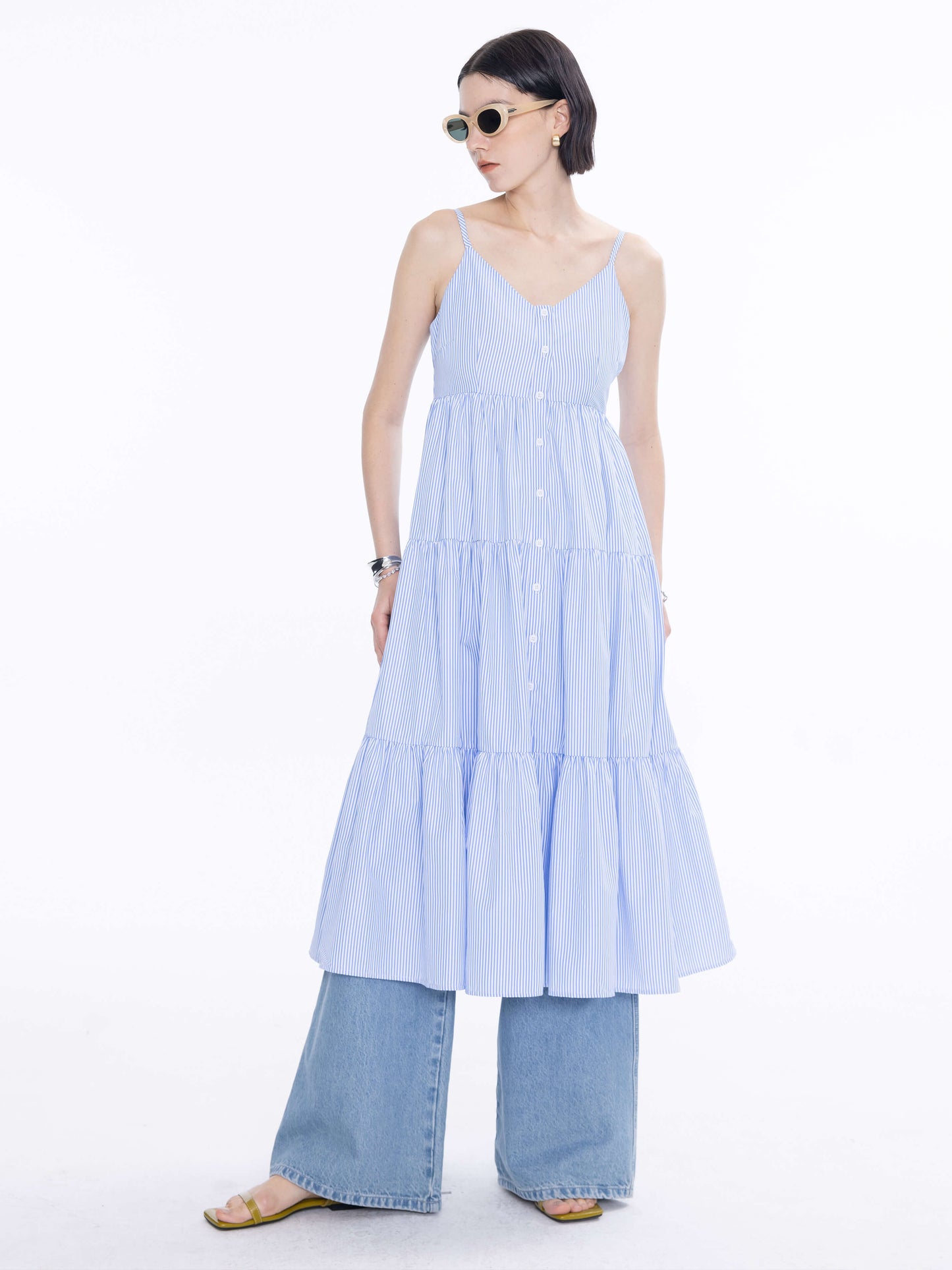 Pinstripe Spaghetti Strap Tiered Dress