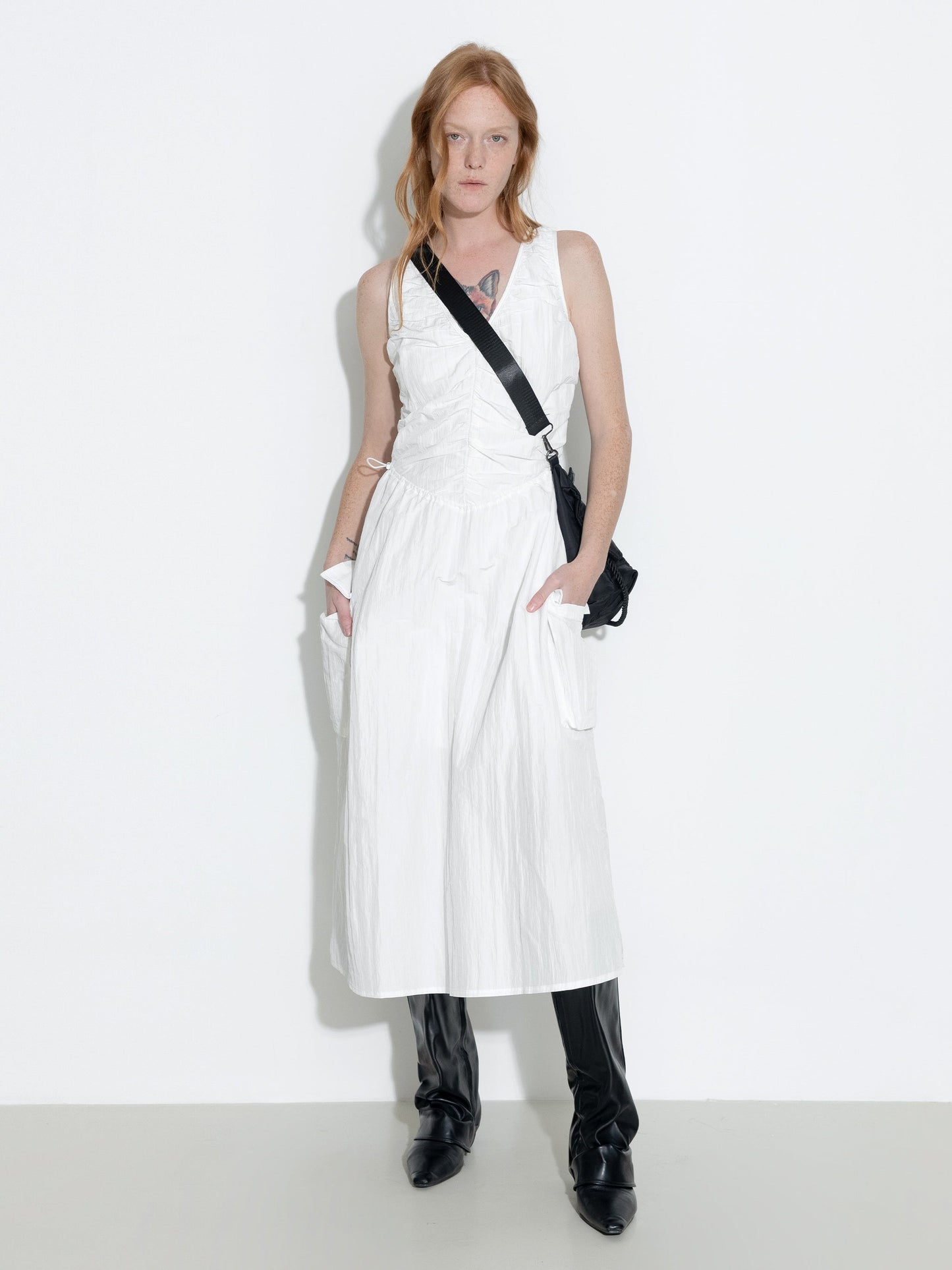 Drawstring Pleated V-Neck Sleeveless Dress