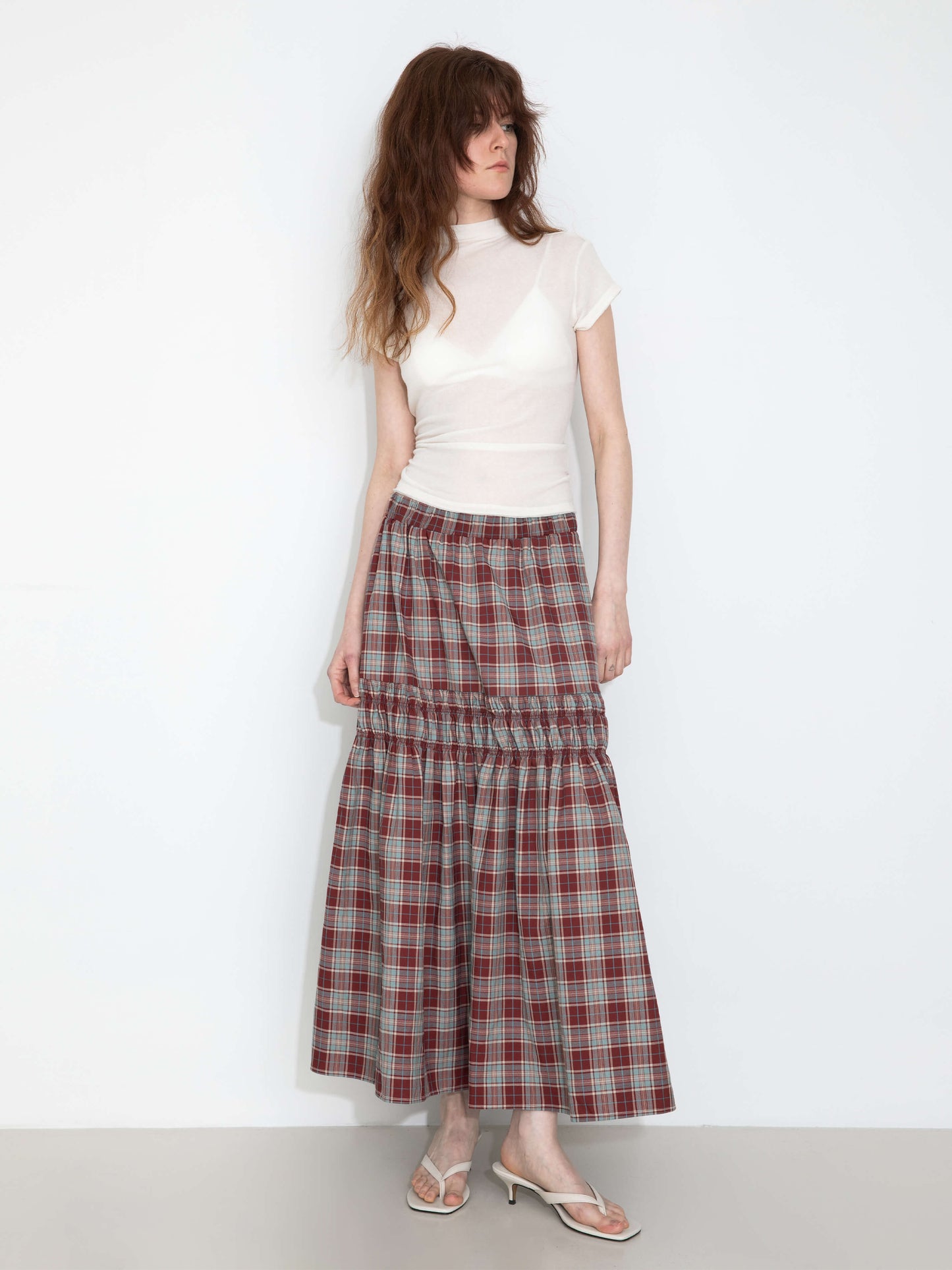 Elastic Drawstring High Waist Checked Skirt