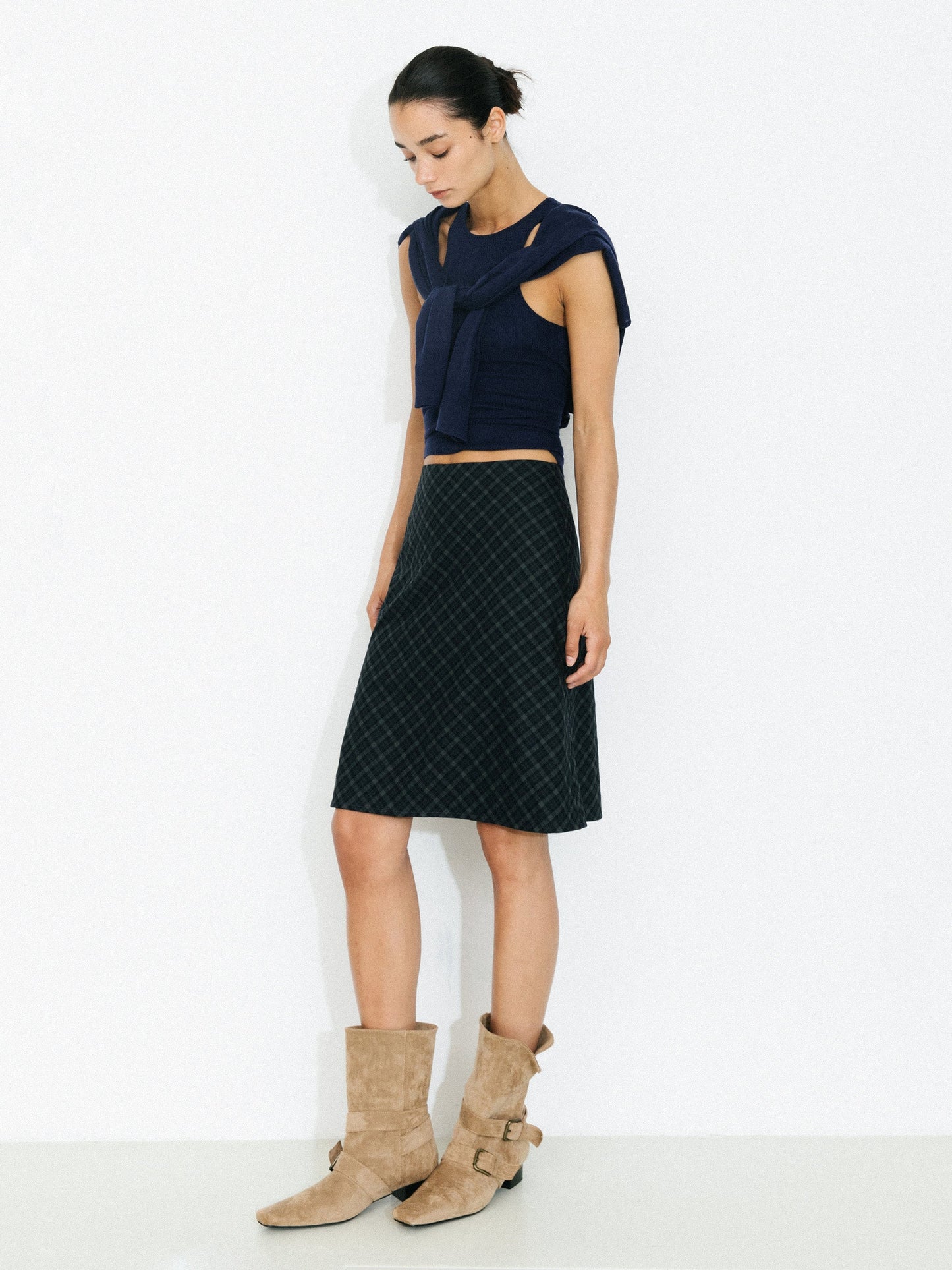 Straight-Cut Check Skirt