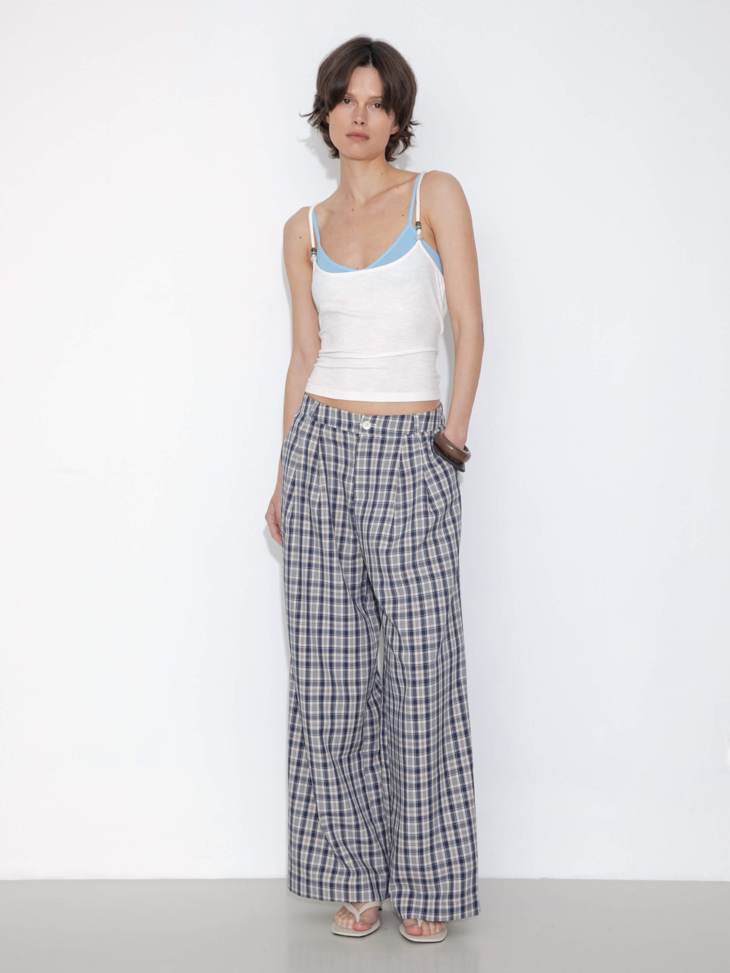 Striped Check High-Waisted Wide-Leg Casual Pants