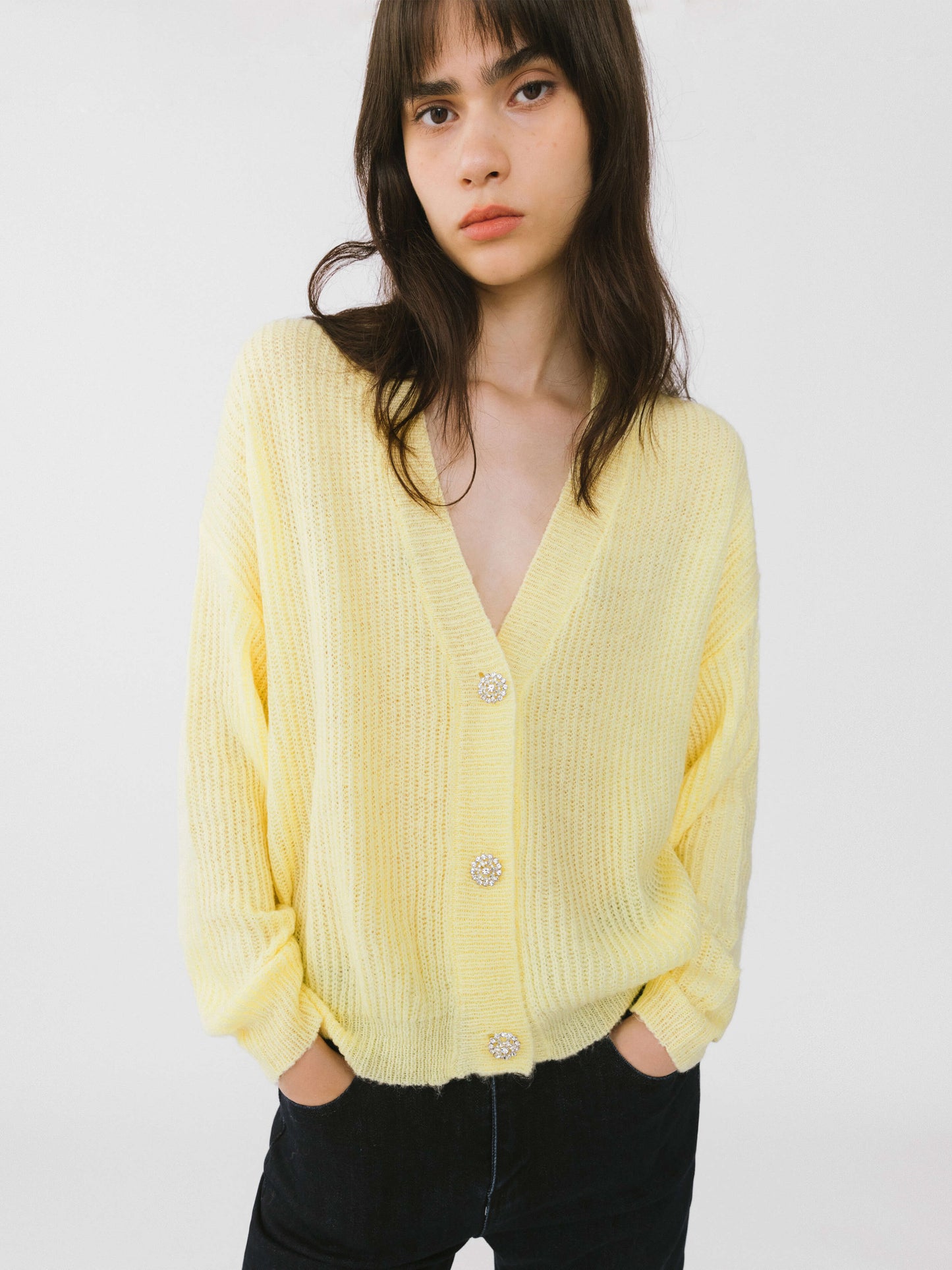Casual V-Neck Ribbed Knit Cardigan with Wool Blend