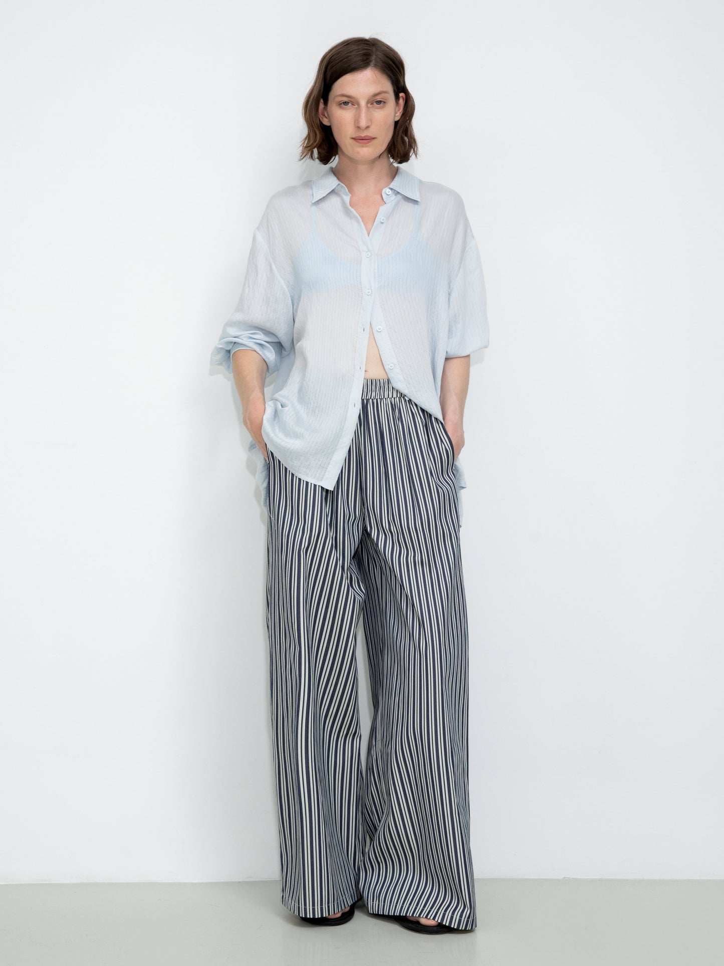 Semi-Sheer Oversized Striped Pattern Shirt
