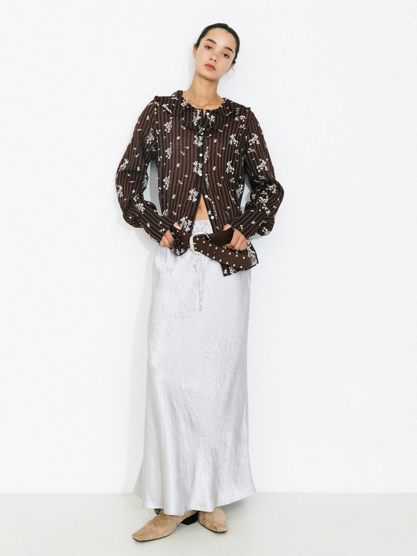 Striped Floral Ruffle Collar Cotton Shirt