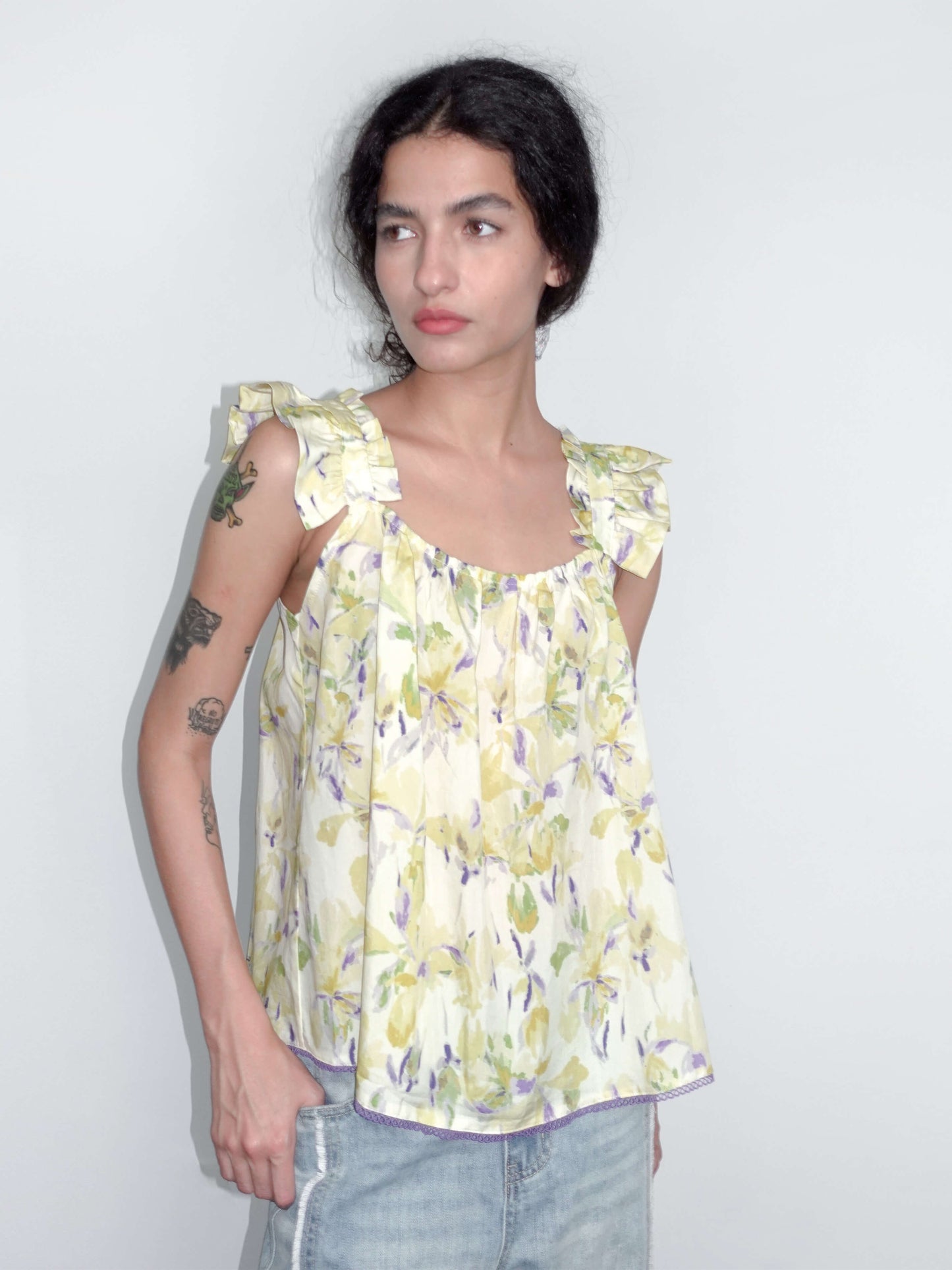 Yellow Floral Print Ruffle Cami Top