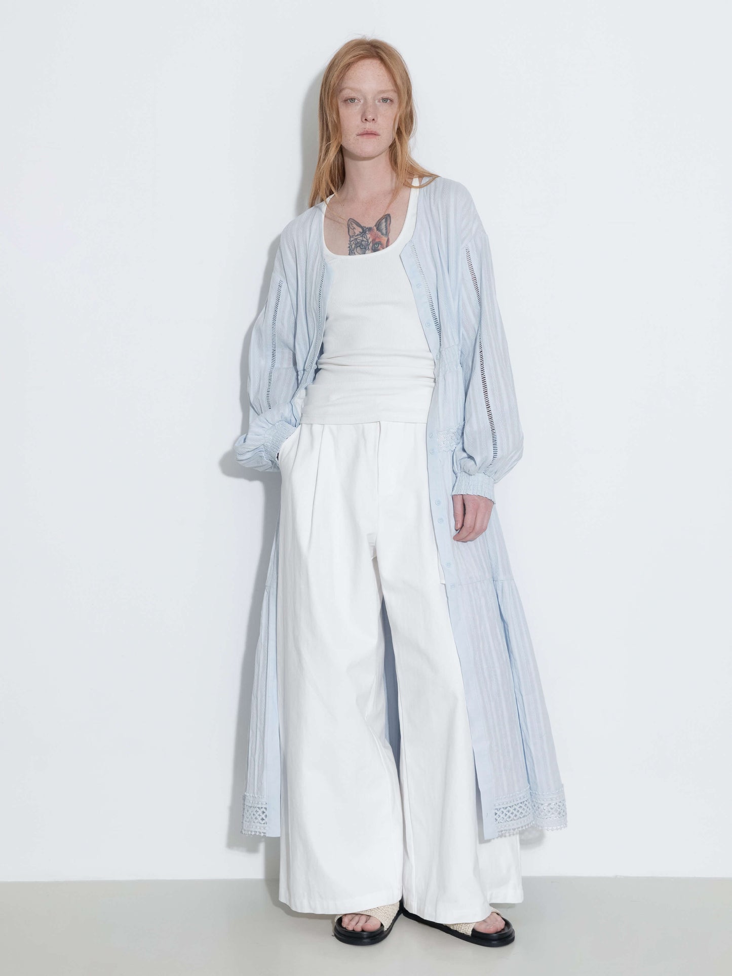 100% Cotton Lace Hollow V-Neck Waist-Cinched Maxi Dress