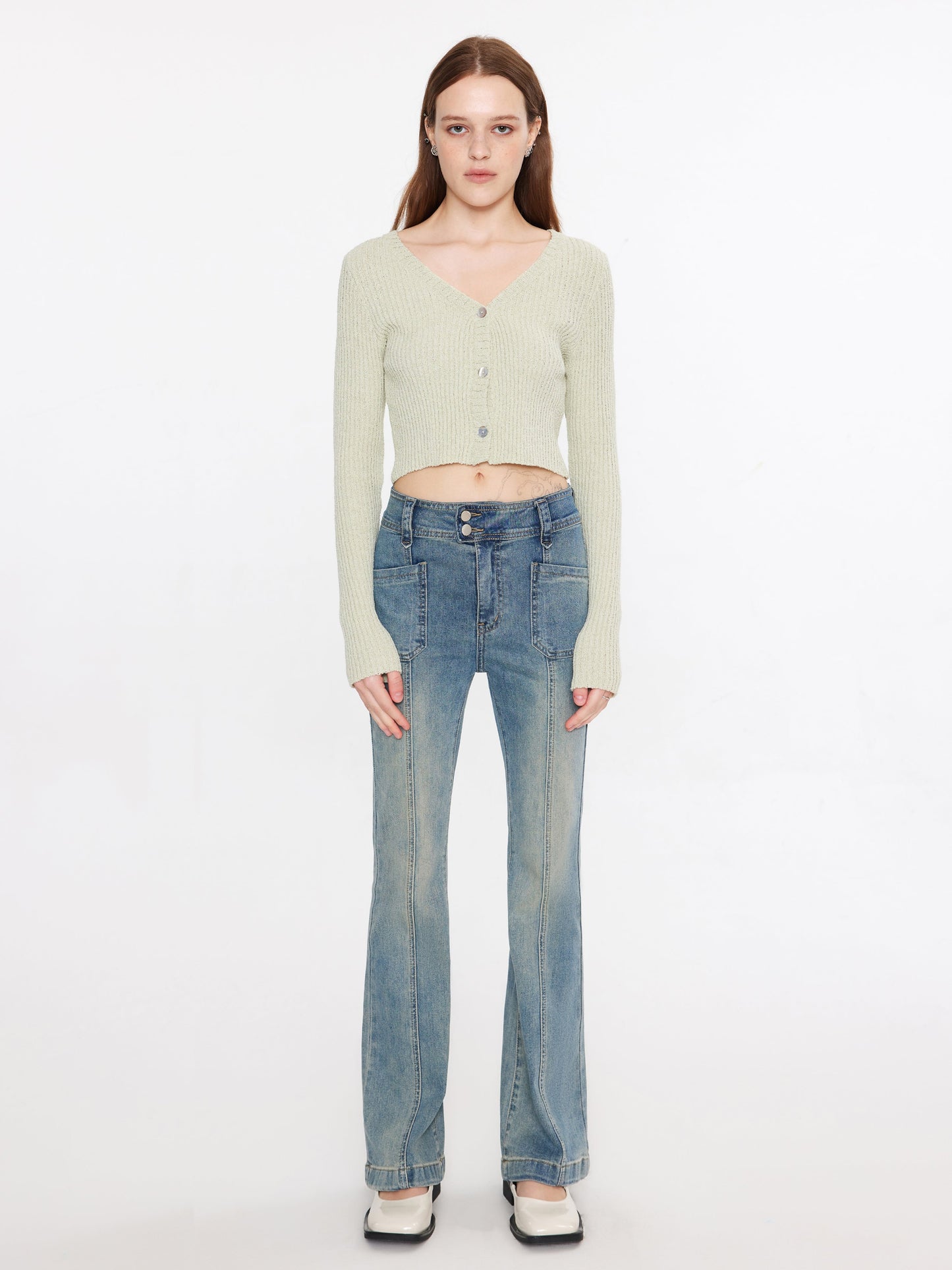 Cropped V-neck Rib Knit Cardigan