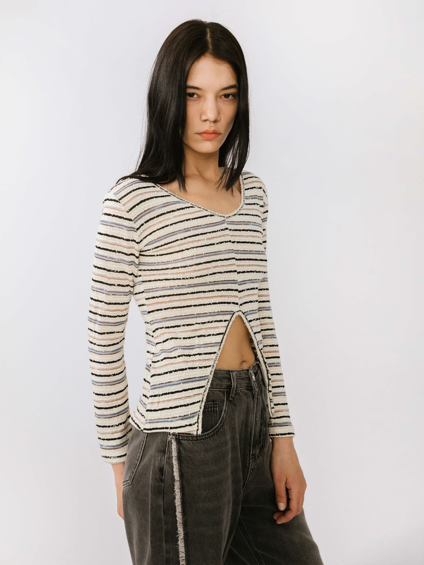 Front Slit Striped Long Sleeve Top