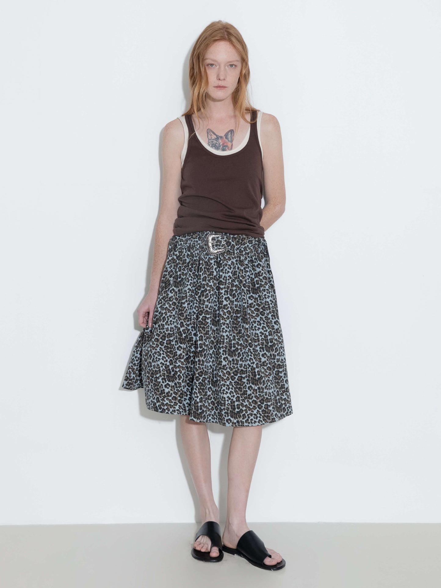 Leopard Print Pleated A-Line Skirt with Belt