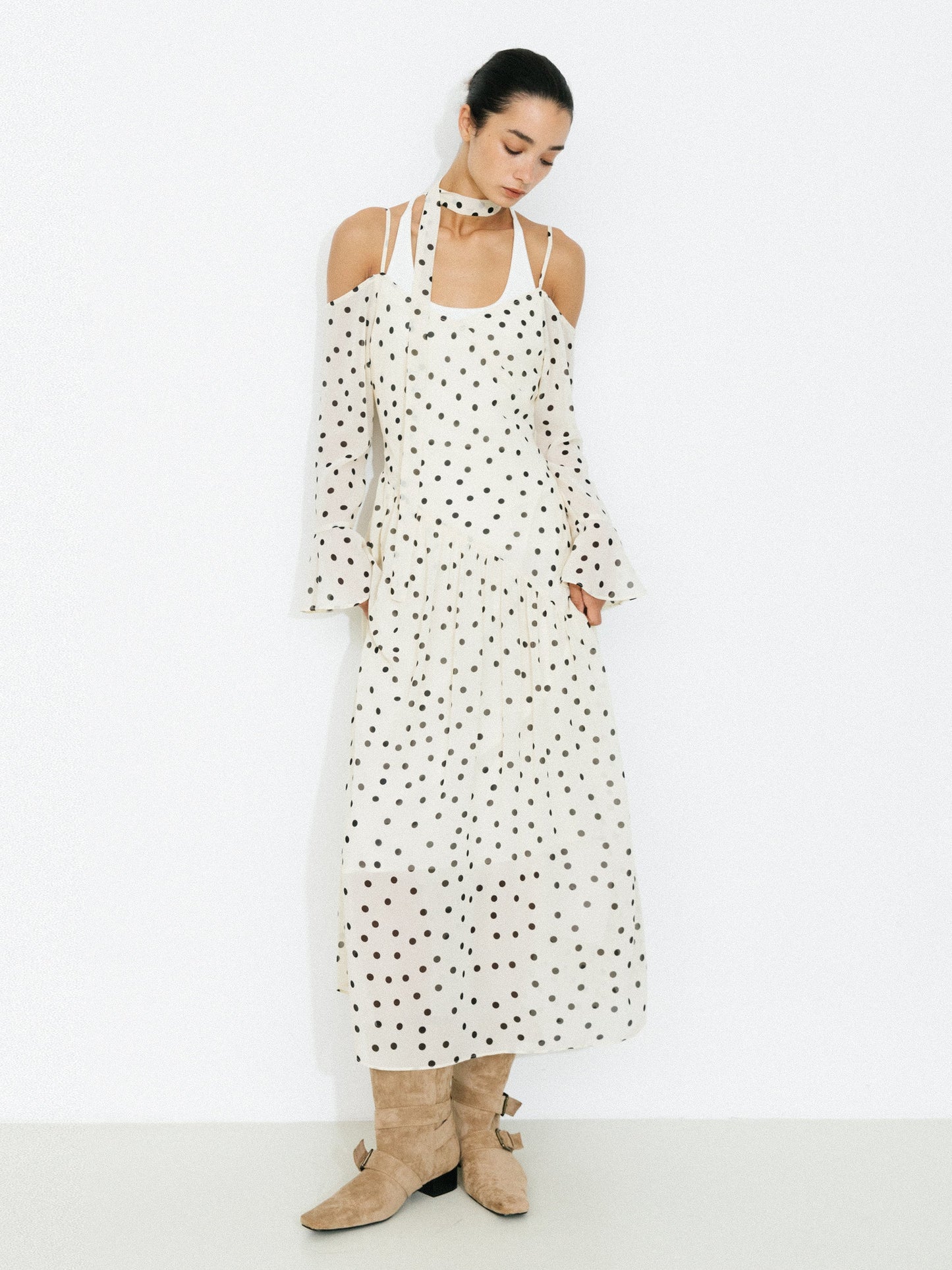 Polka Dot Off-Shoulder Cami Sleeve Maxi Dress