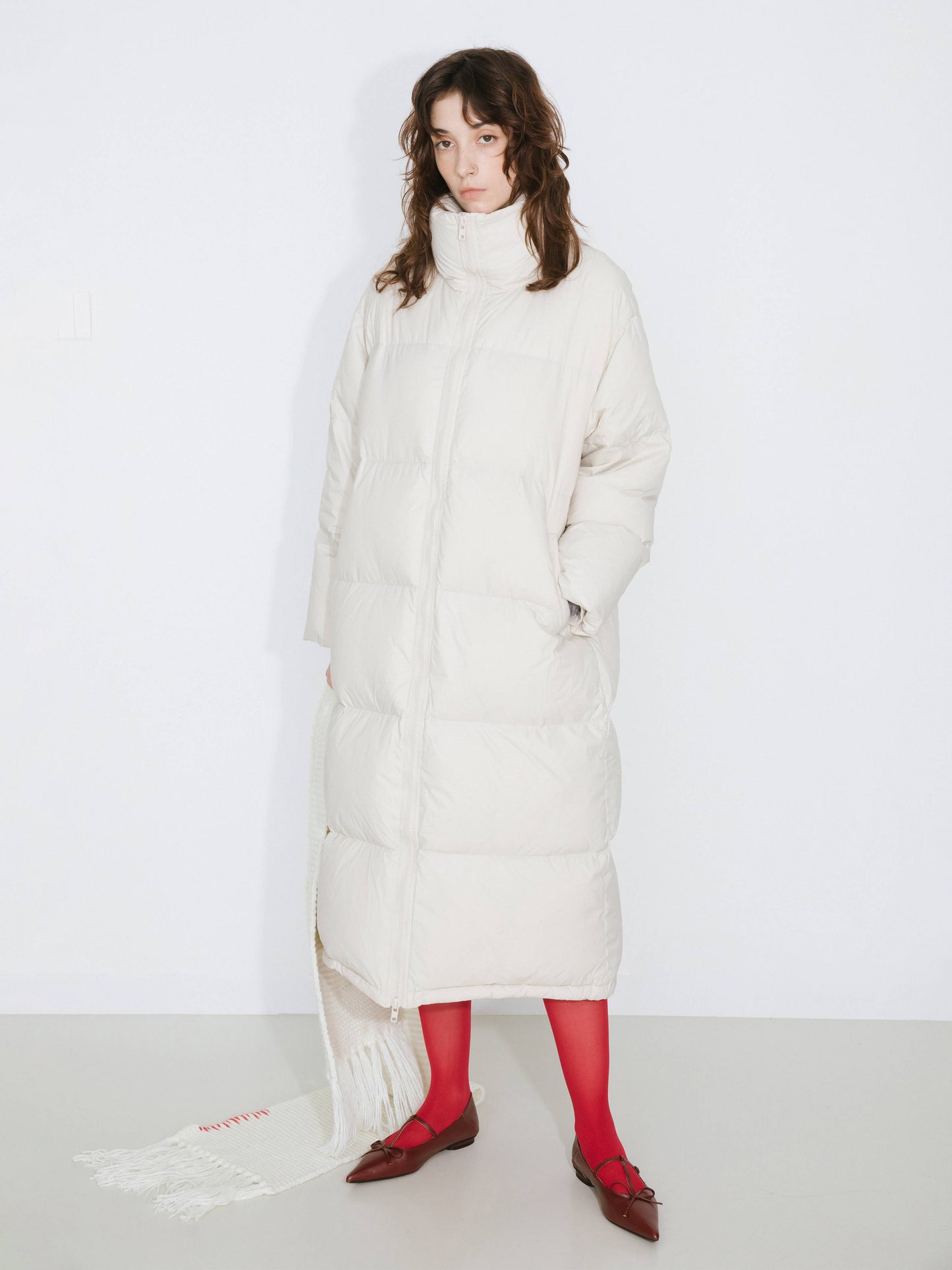 Long High Neck Zip Up Cocoon Down Coat