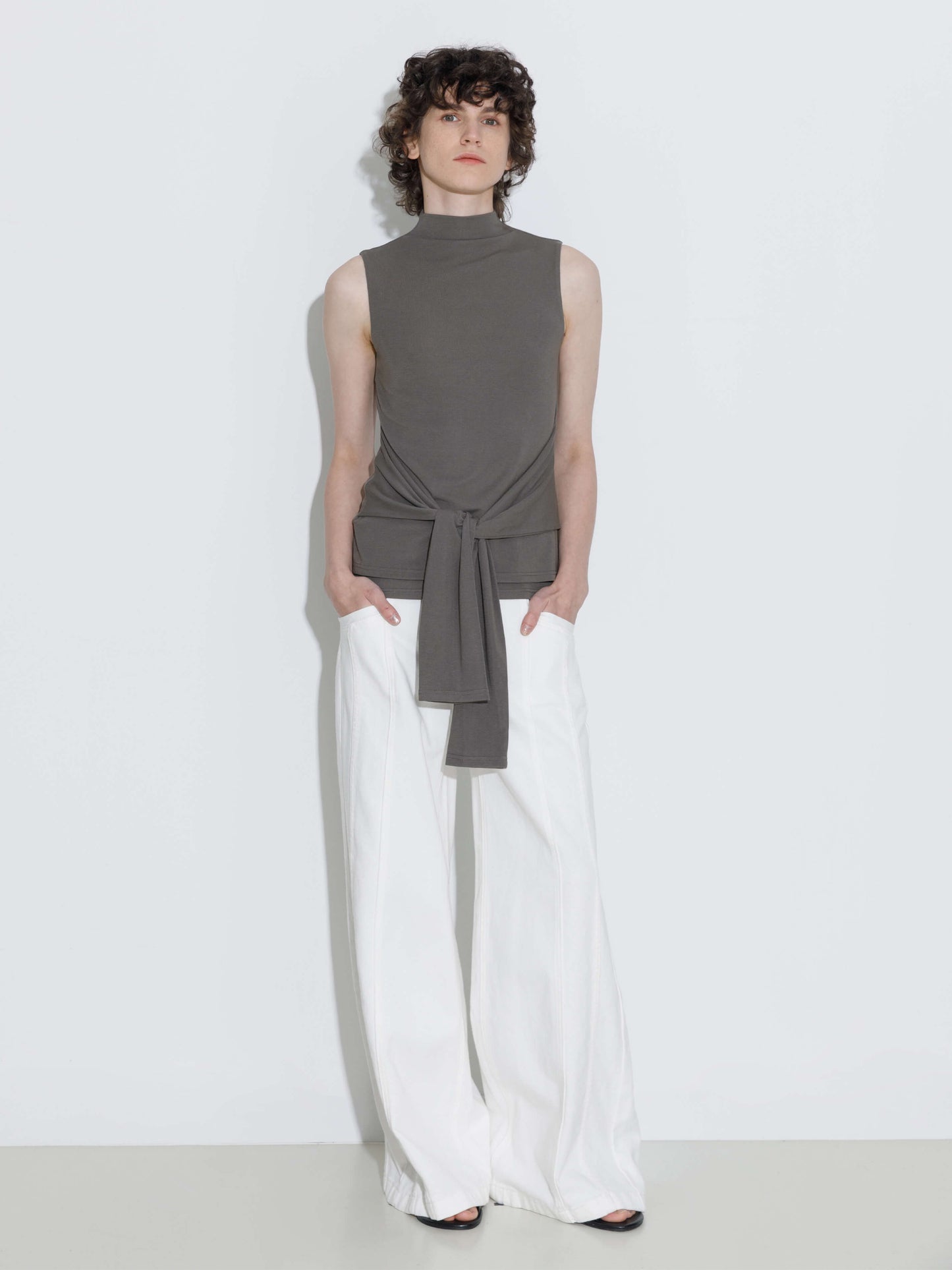 Tie-Detail Sleeveless Mock Neck Top