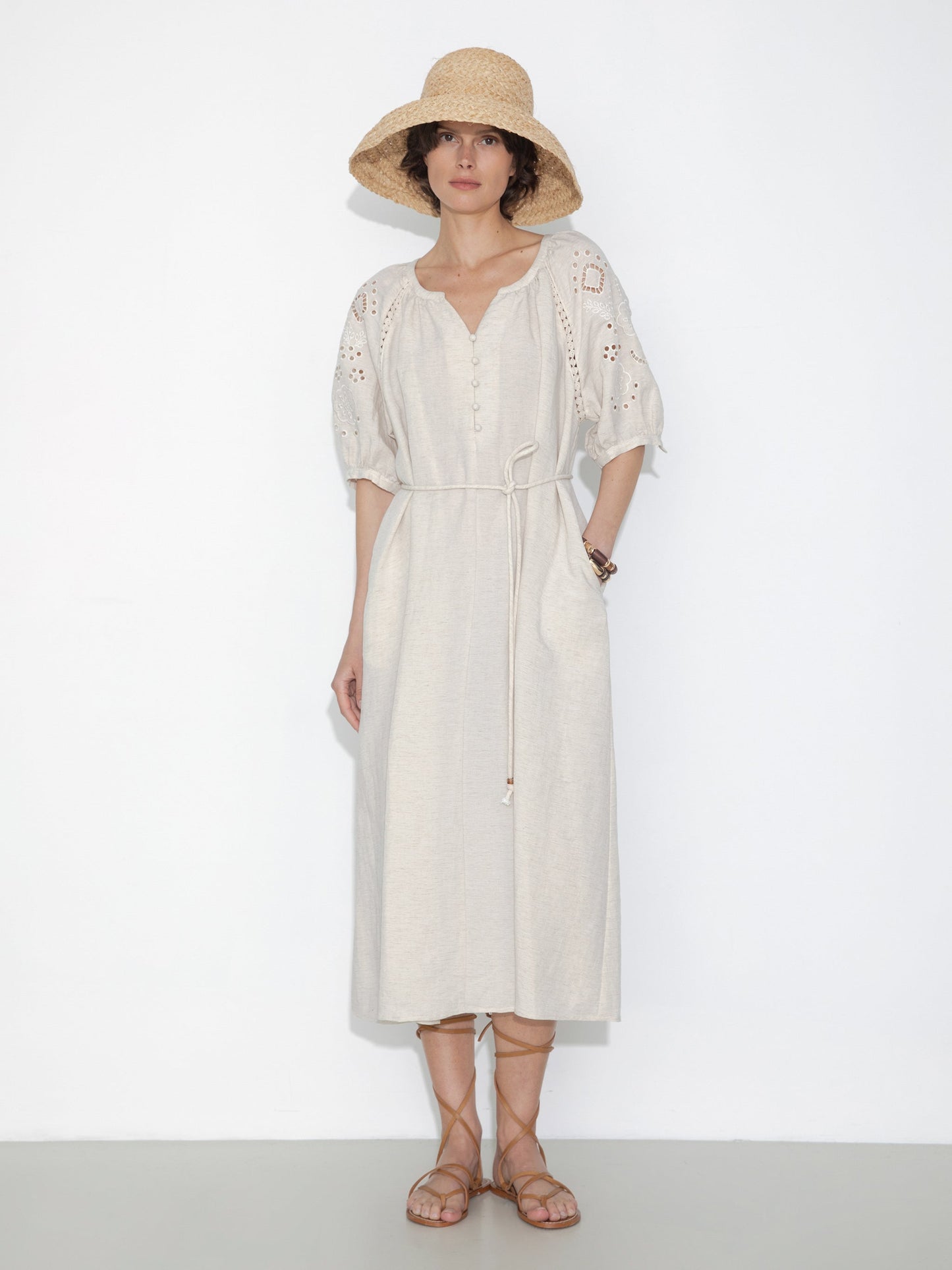 Loose-Fit Eyelet Embroidered Short-Sleeve Dress