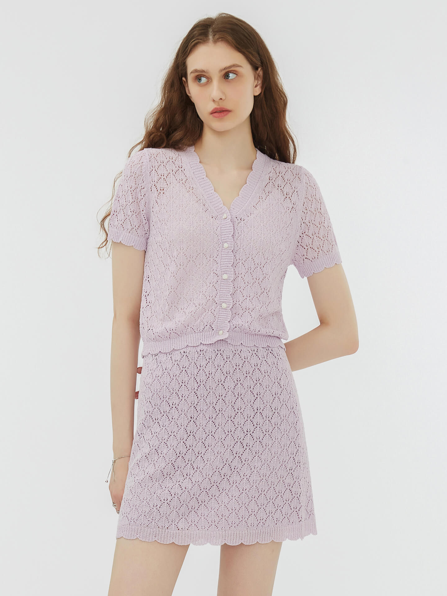 Thin Lace Knit Cardigan and Mini Skirt Set