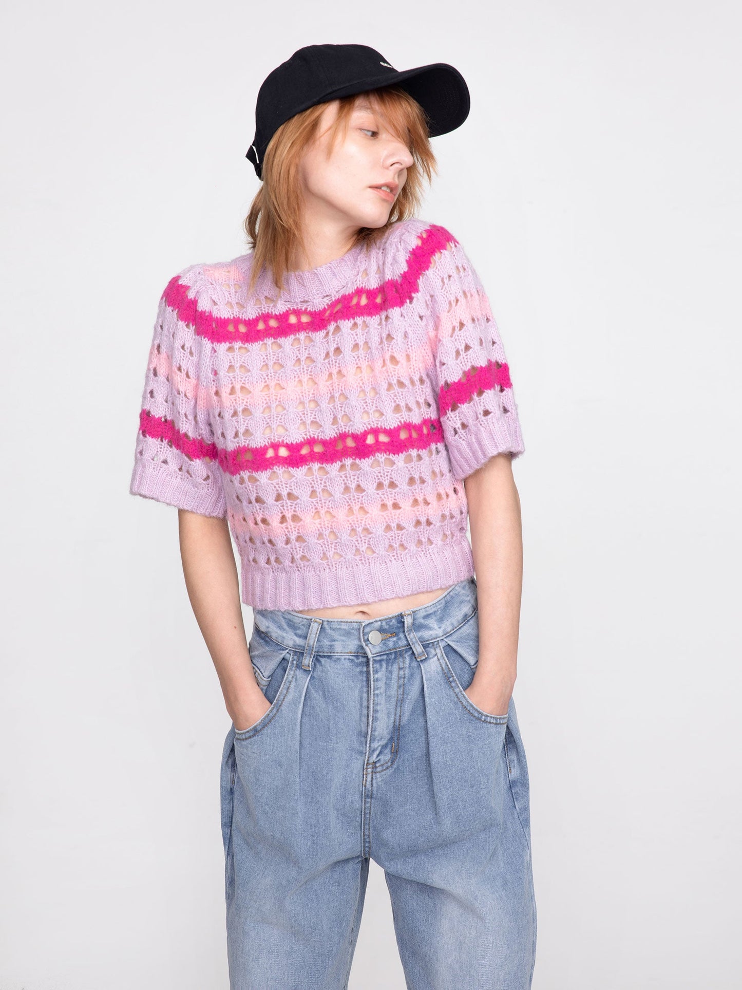 CUBIC Women's Striped Cropped Knit T-shirt