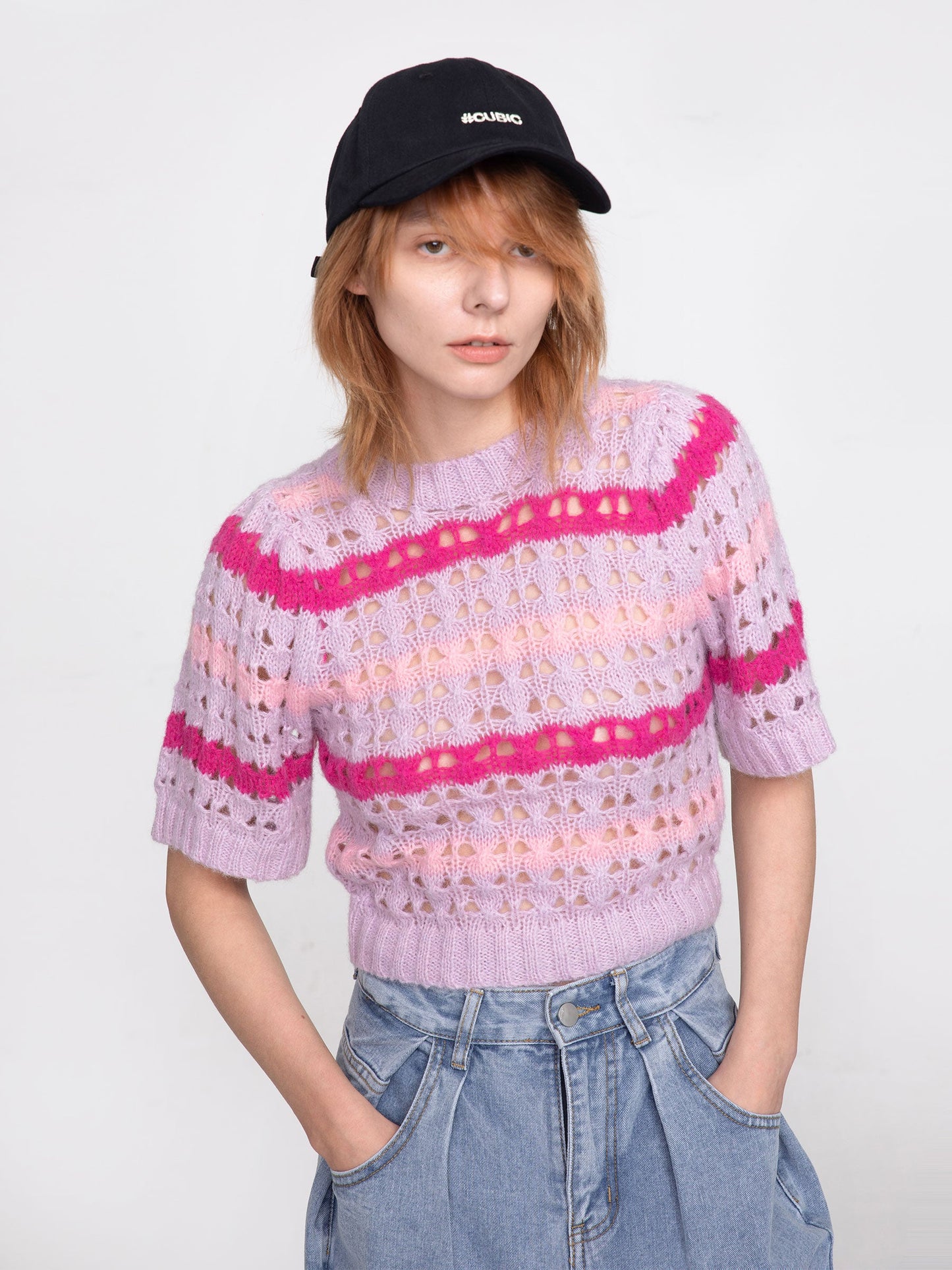 CUBIC Women's Striped Cropped Knit T-shirt