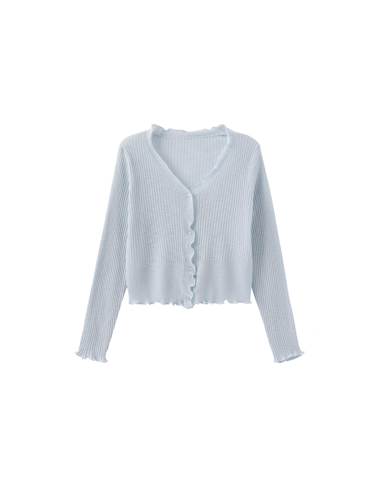 V-Neck Knit Cardigan with Ruffled Long Sleeves