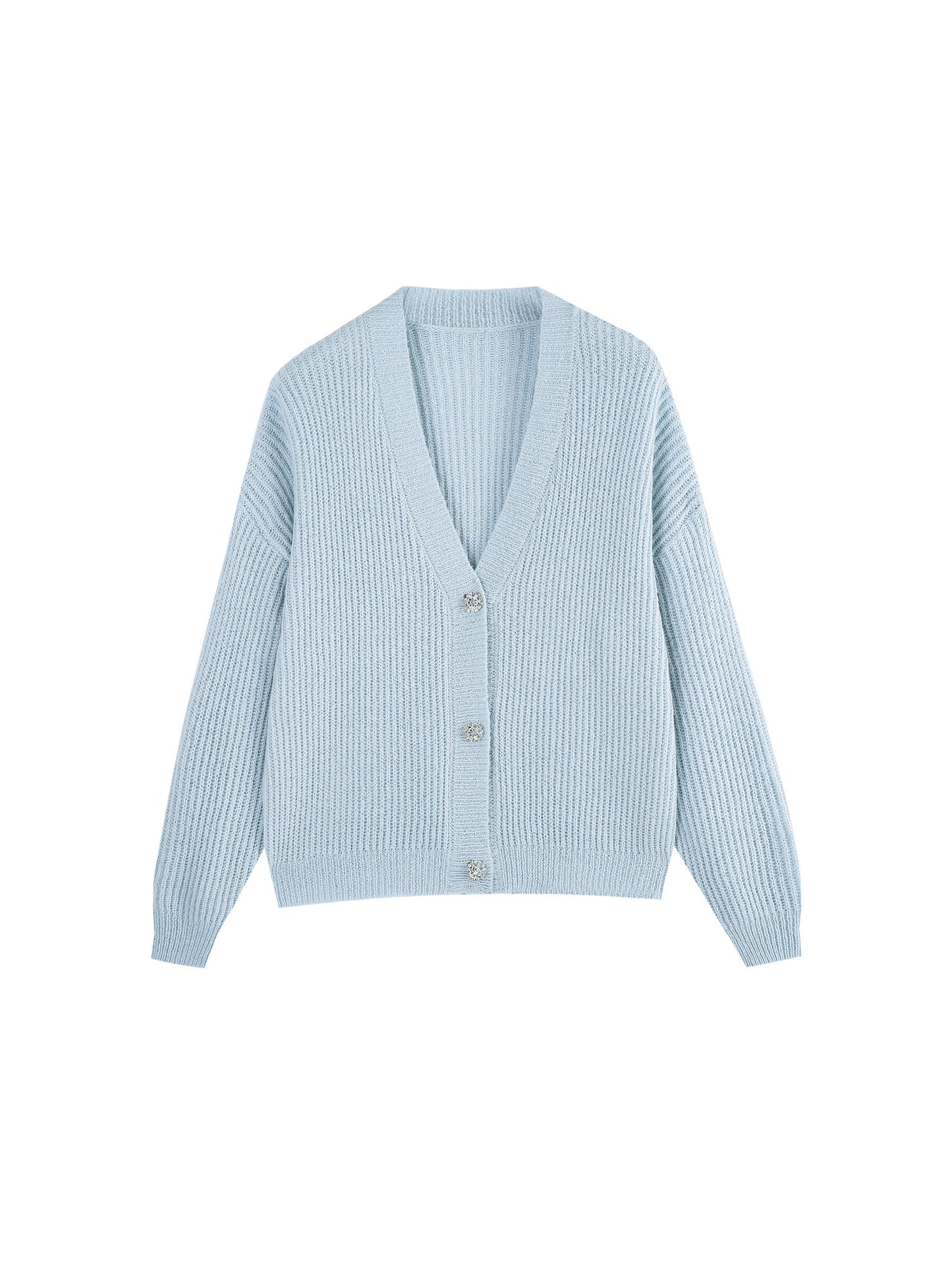 Casual V-Neck Ribbed Knit Cardigan with Wool Blend
