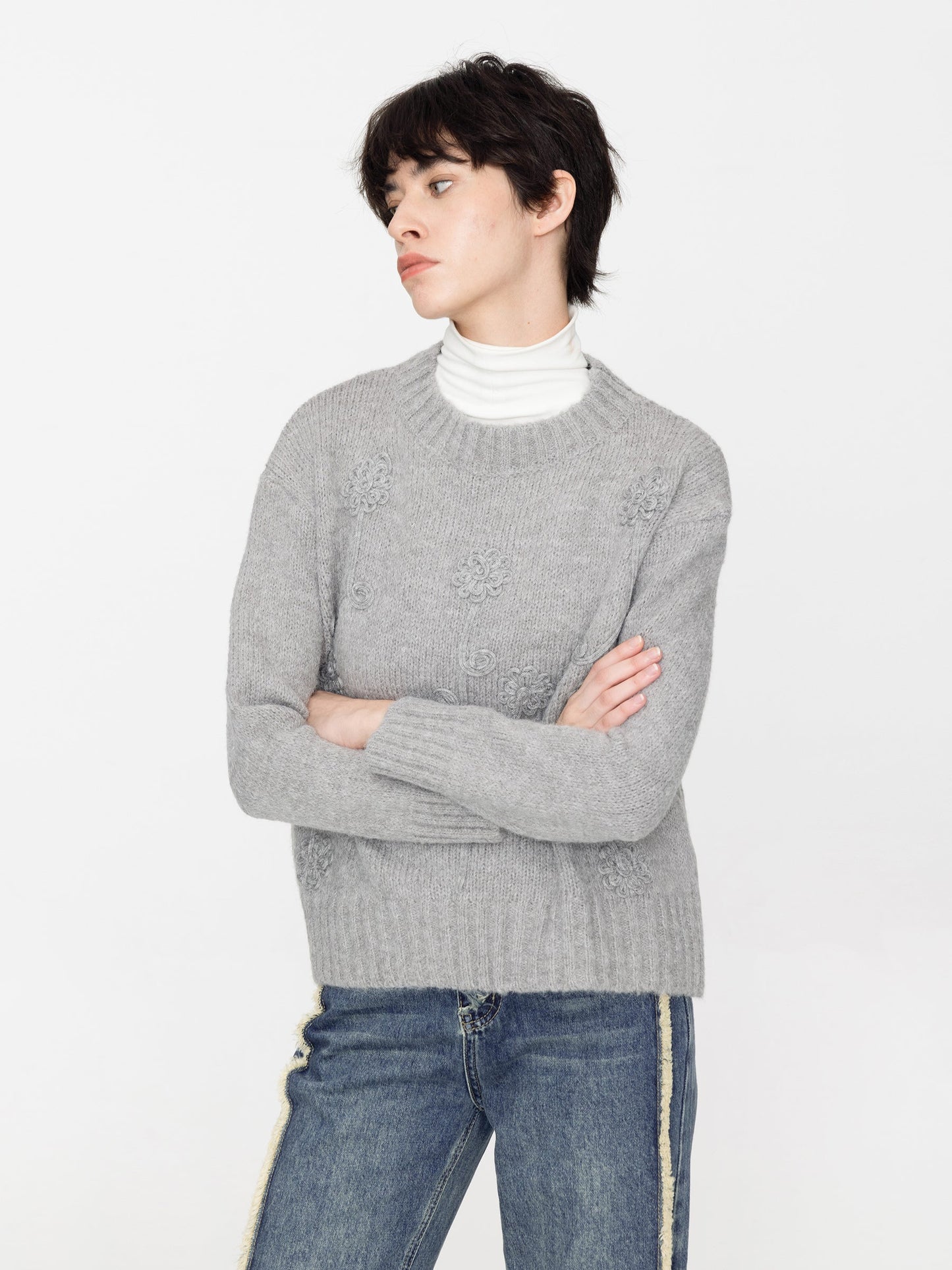 Floral Design Crew Knit Sweater