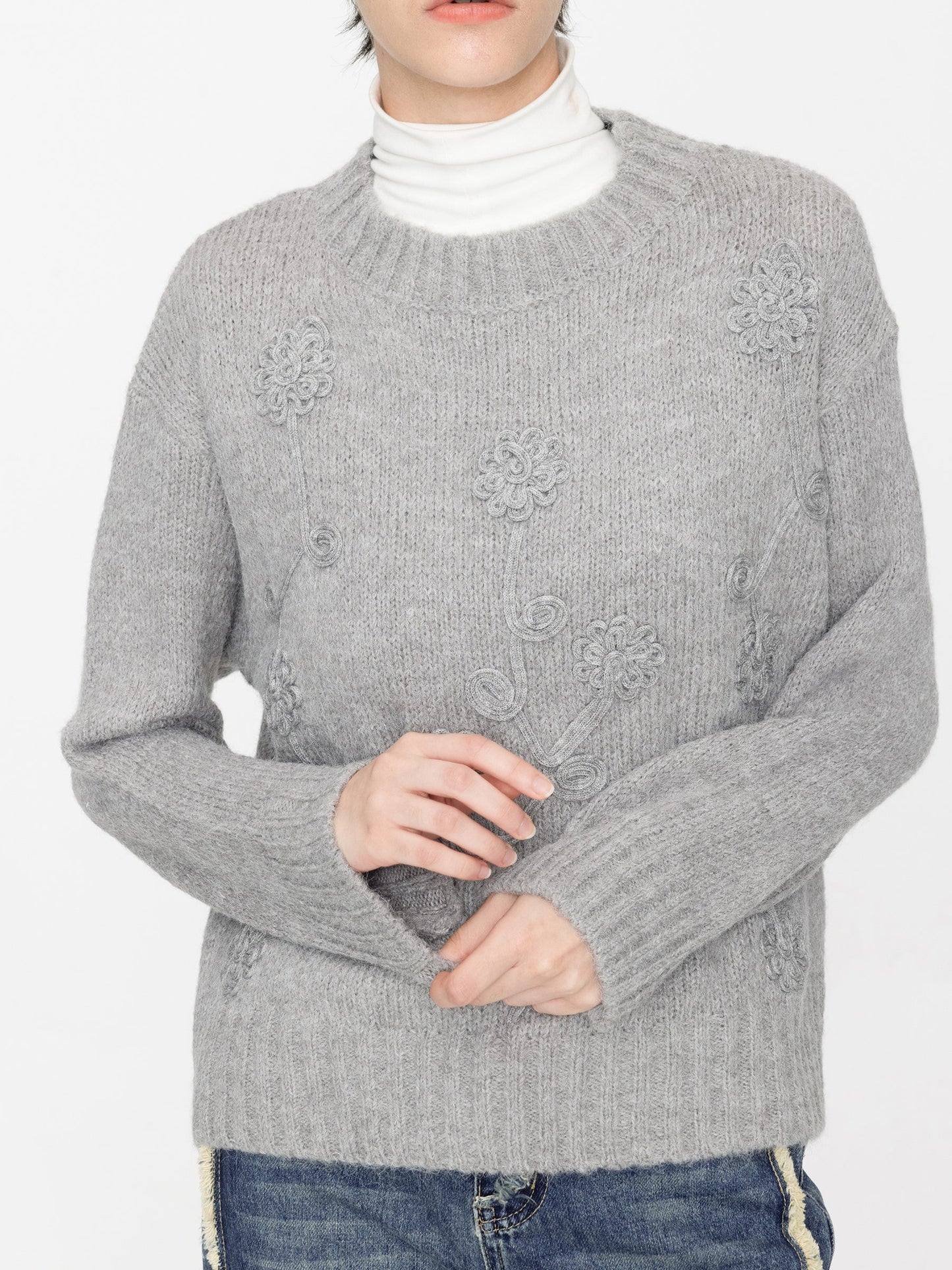 Floral Design Crew Knit Sweater