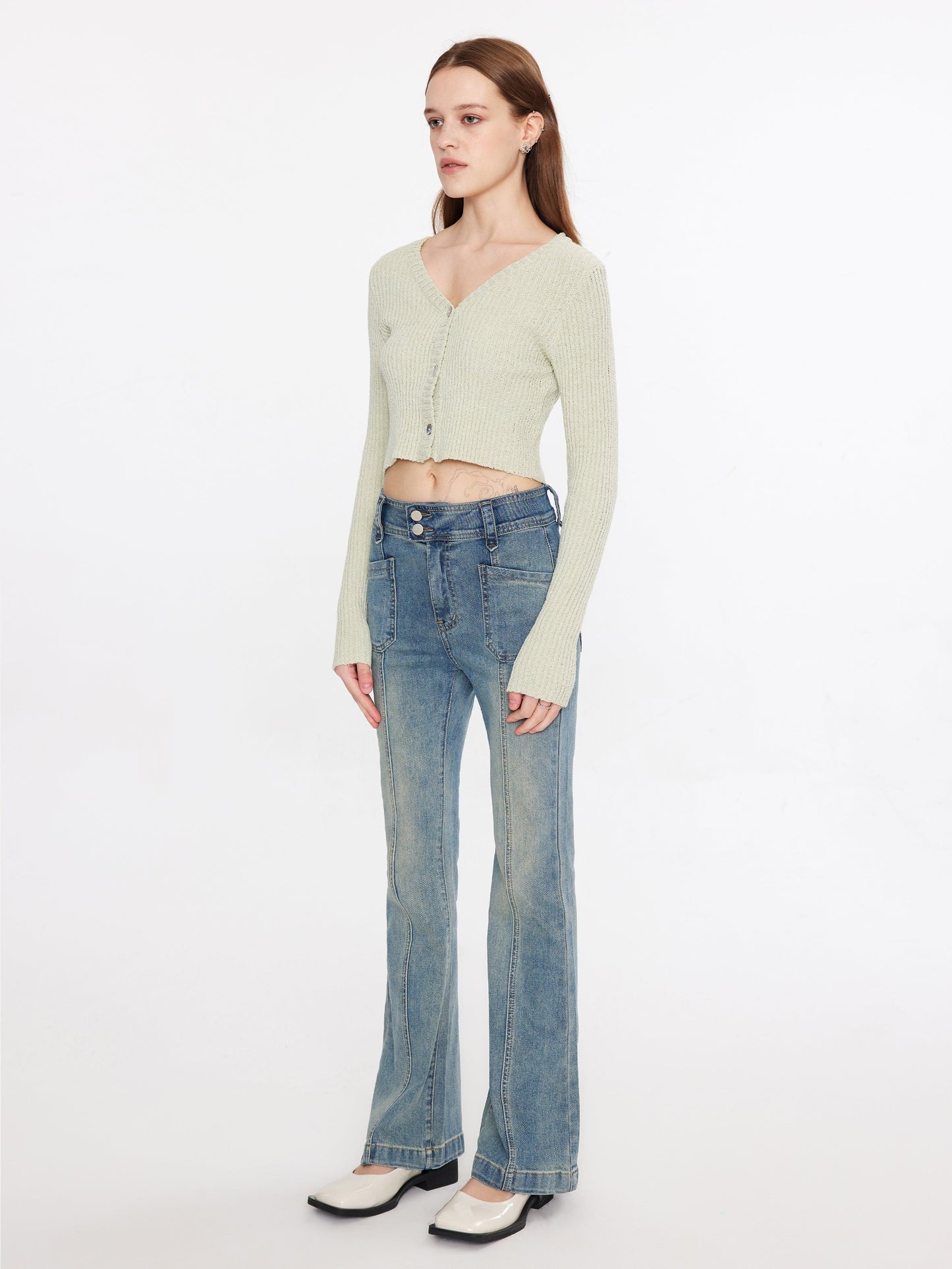 Cropped V-neck Rib Knit Cardigan