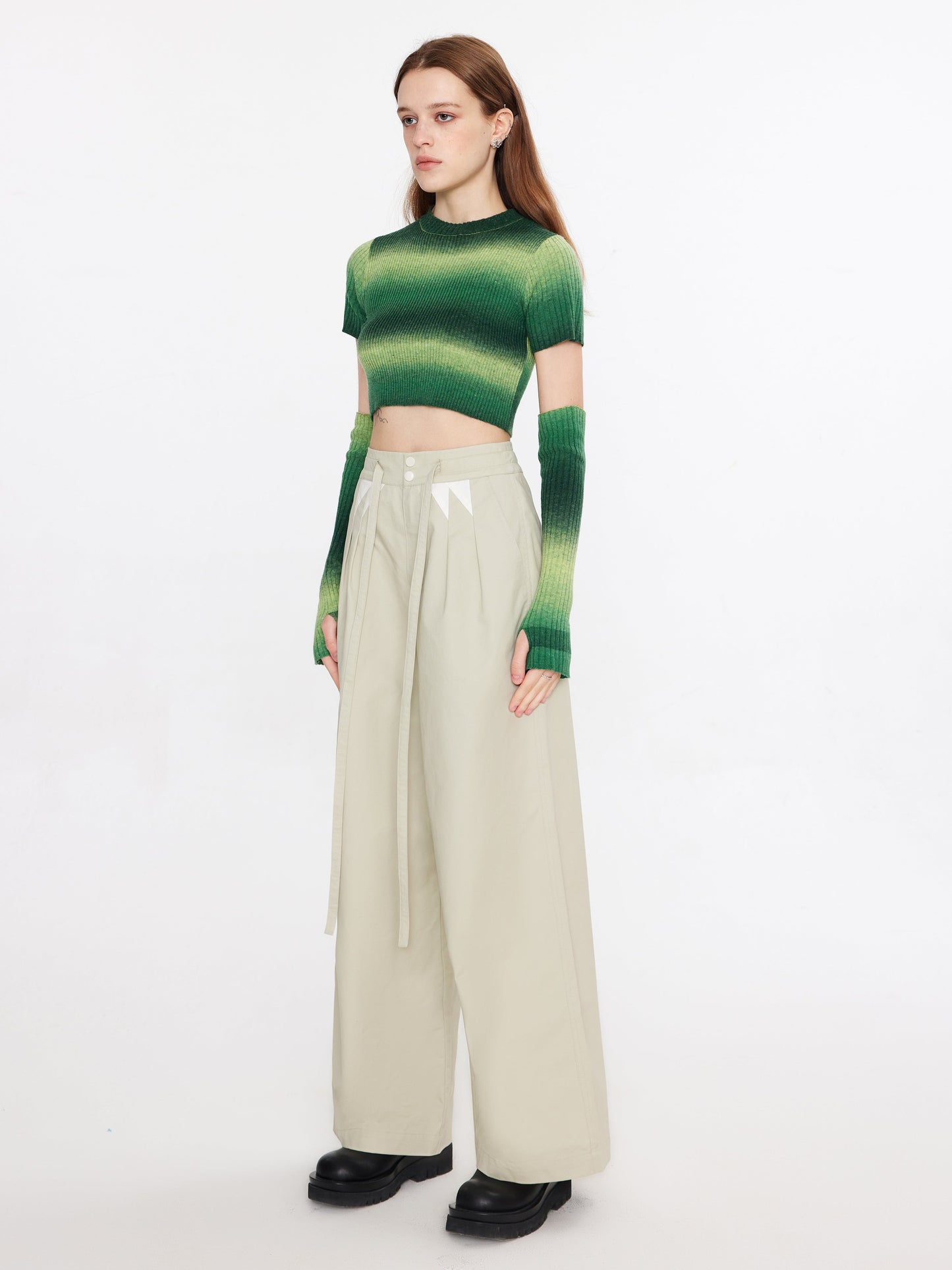 Striped Cropped Knit T-Shirt With Sleeves