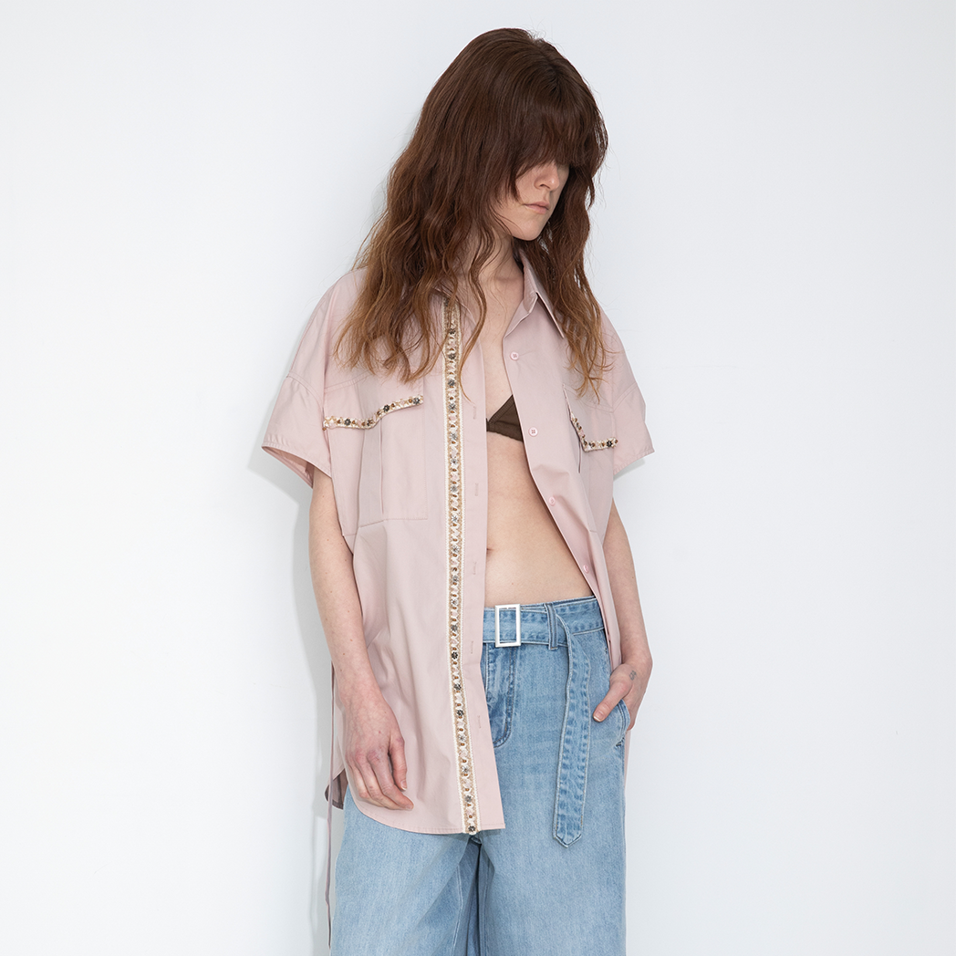 Beaded Placket Utility Short-Sleeve Shirt