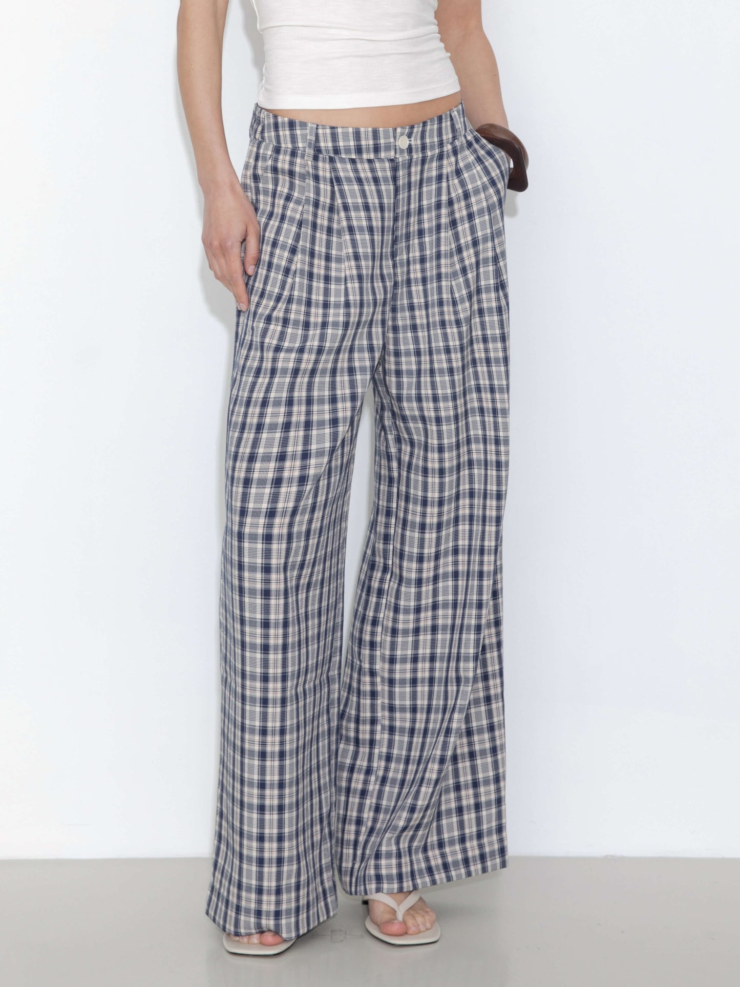 Striped Check High-Waisted Wide-Leg Casual Pants