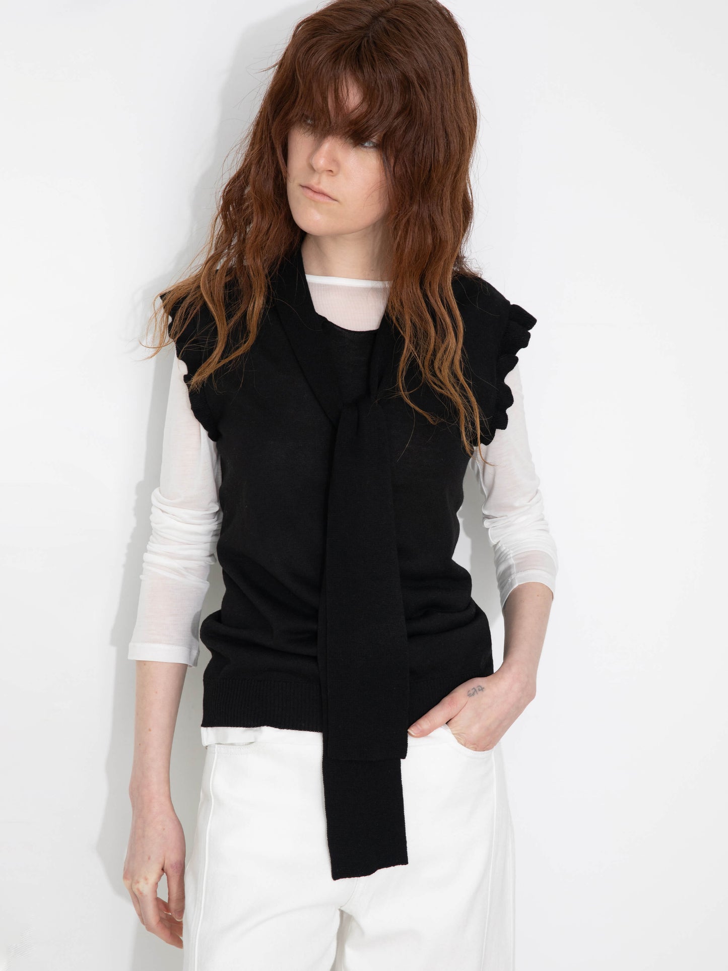 Ruffled Sleeve Sleeveless Knit Top with Attached Scarf