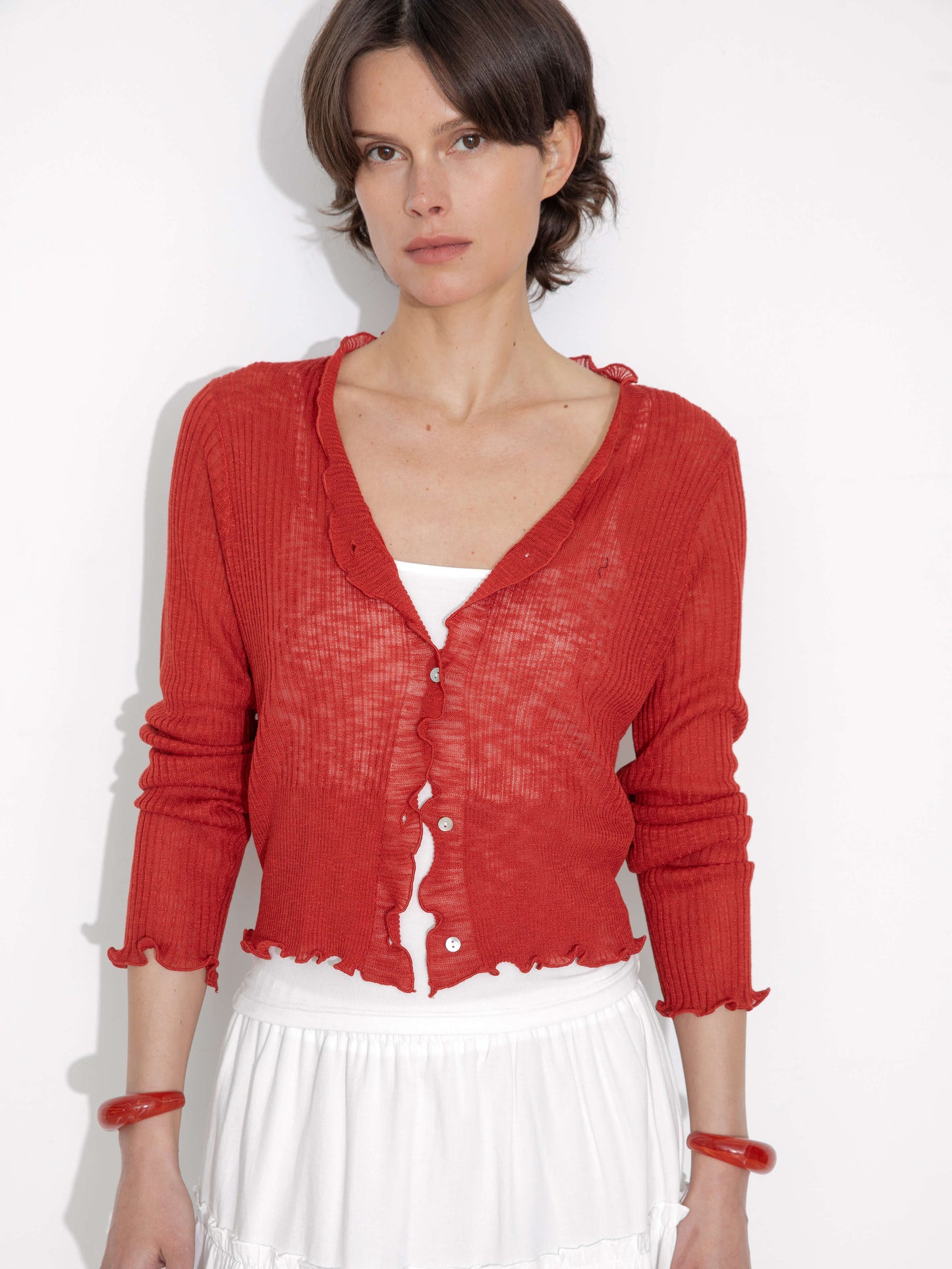 V-Neck Knit Cardigan with Ruffled Long Sleeves