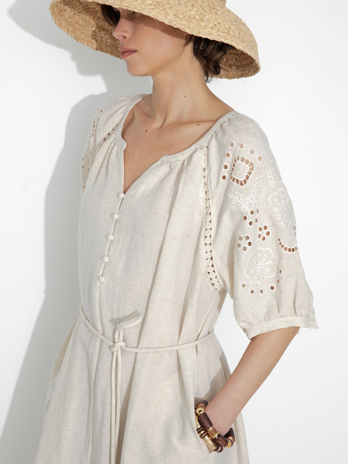 Loose-Fit Eyelet Embroidered Short-Sleeve Dress